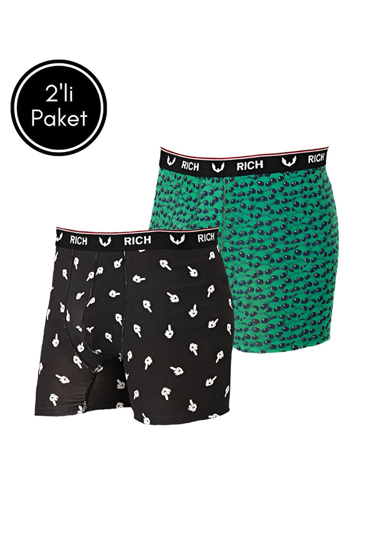 Erkek Likralı Desenli ve Düz 2'li Boxer Paketi