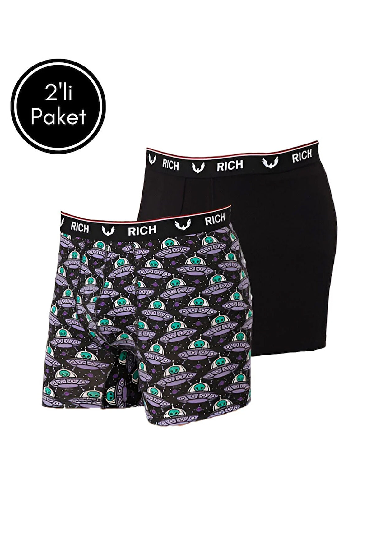 Erkek Likralı Desenli ve Düz 2'li Boxer Paketi
