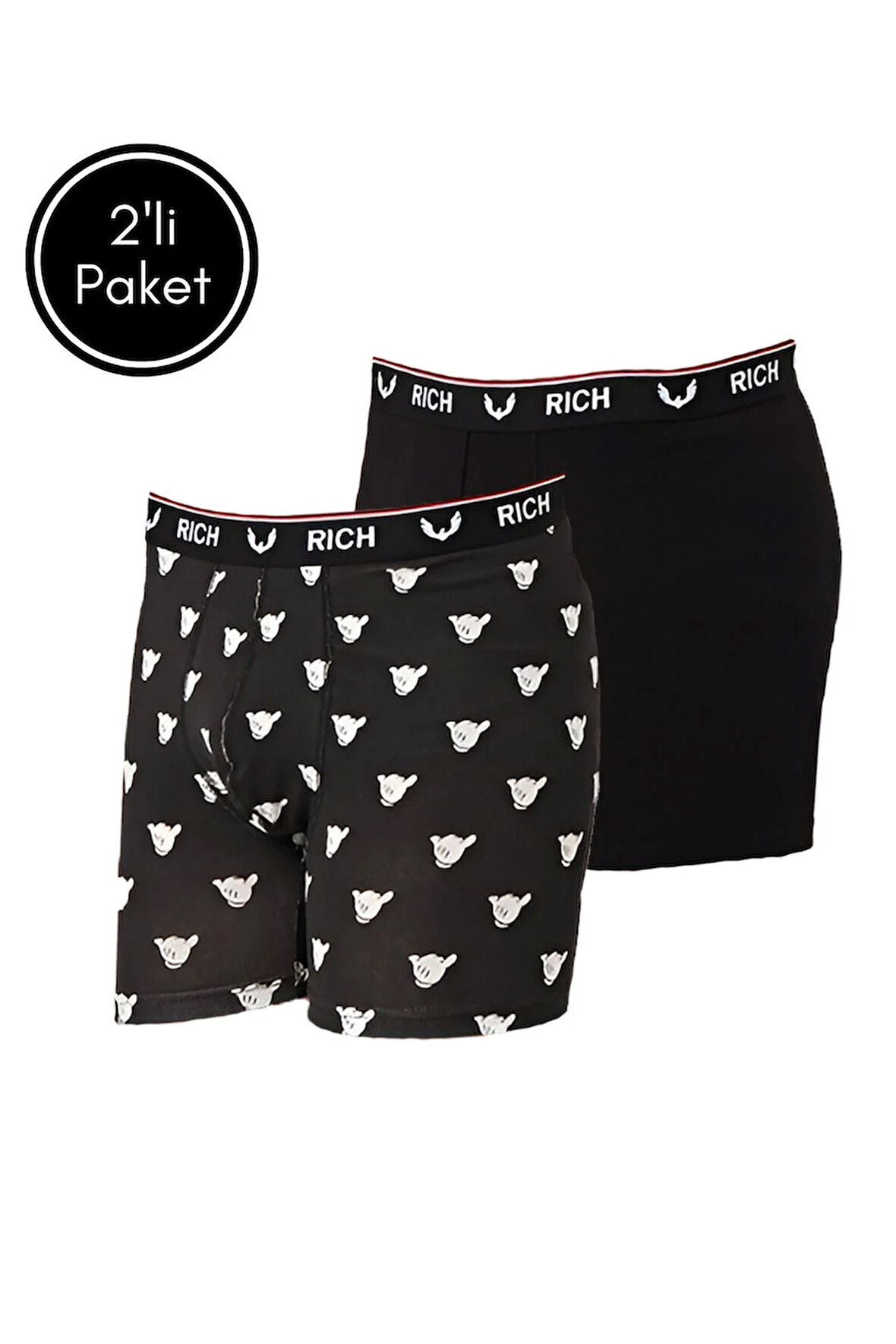 Erkek Likralı Desenli ve Düz 2'li Boxer Paketi