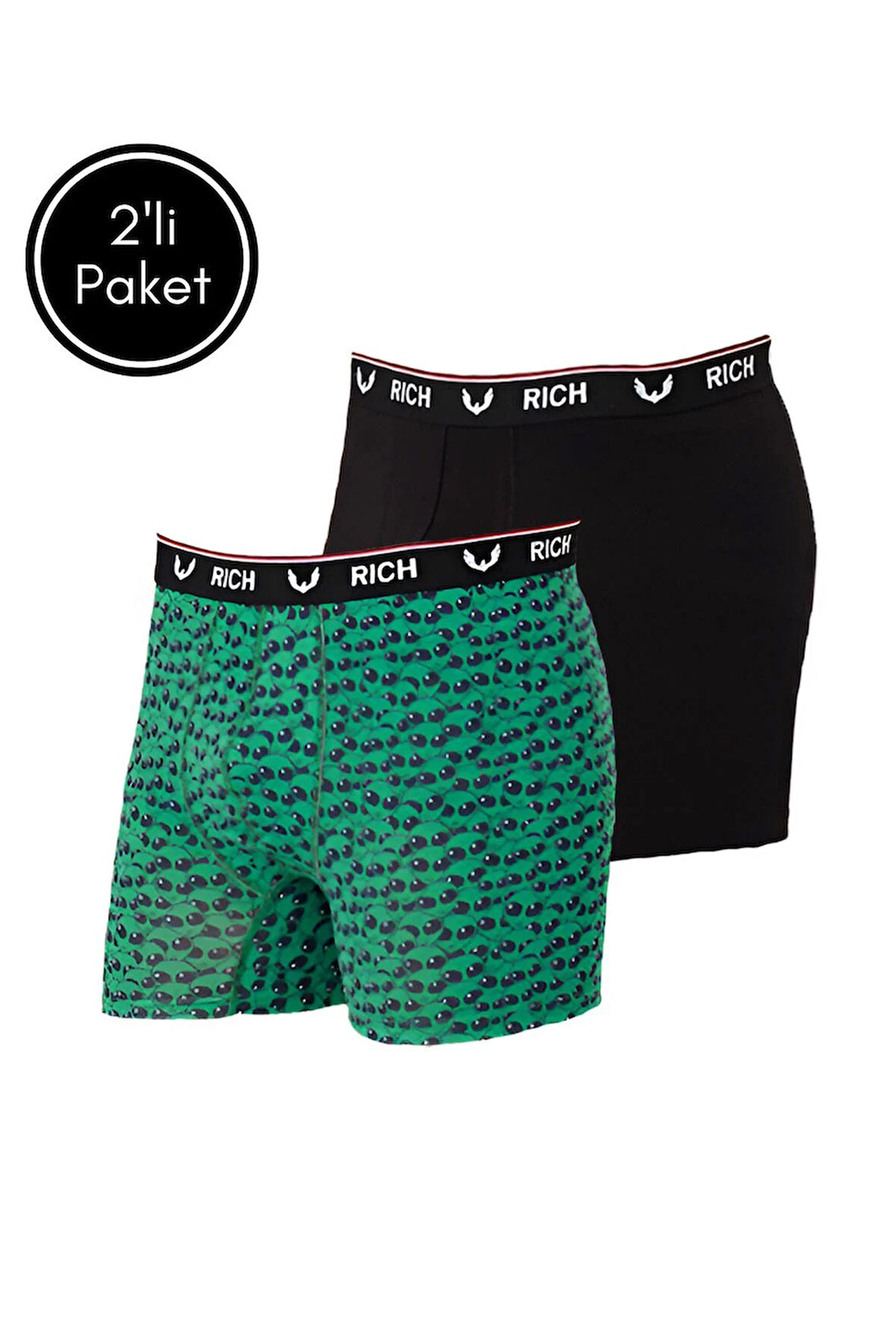Erkek Likralı Desenli ve Düz 2'li Boxer Paketi