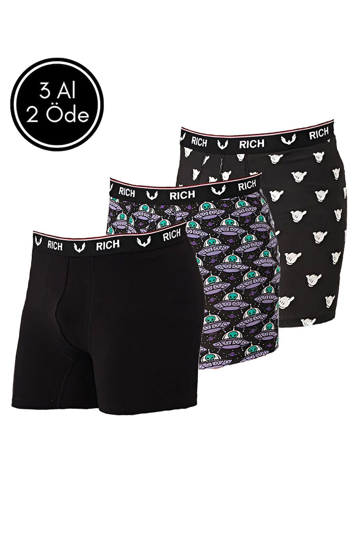 Erkek Likralı Desenli ve Düz 3'lü Boxer Paketi