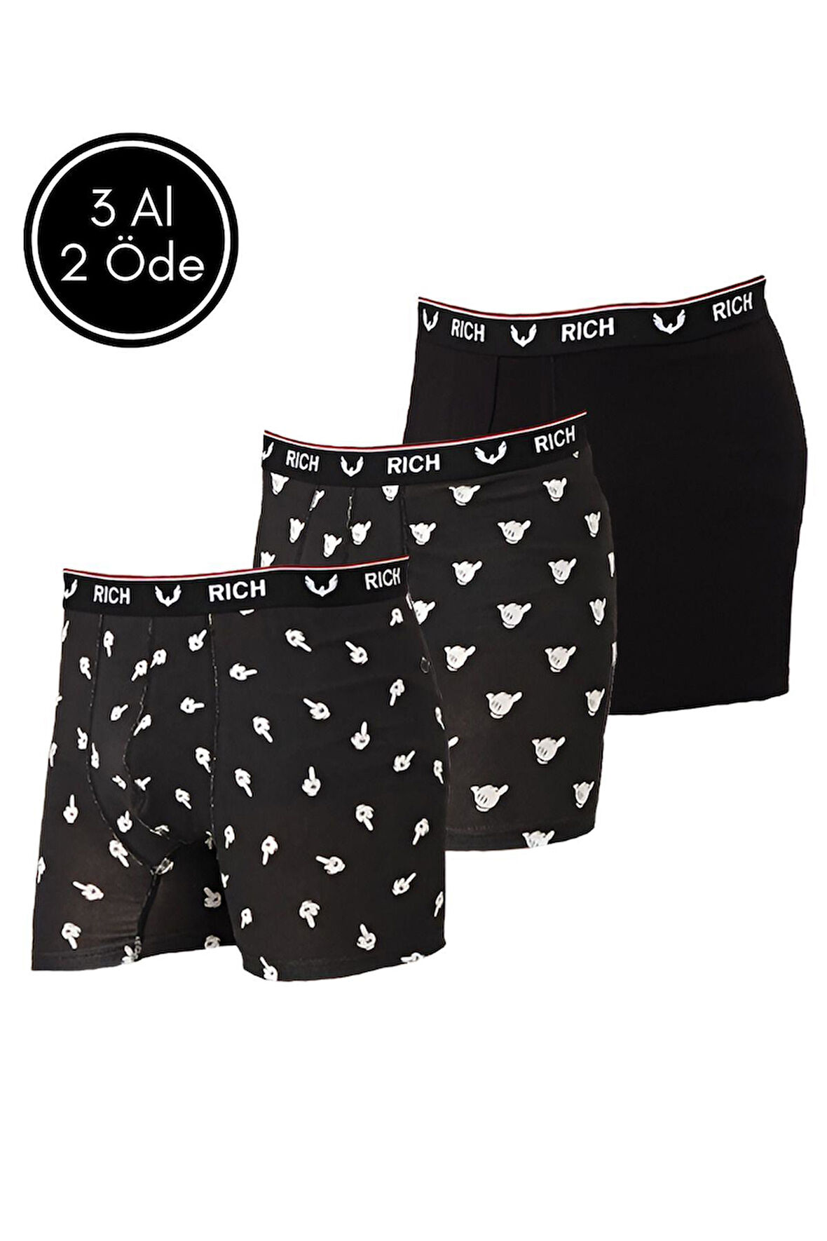 Erkek Likralı Desenli ve Düz 3'lü Boxer Paketi