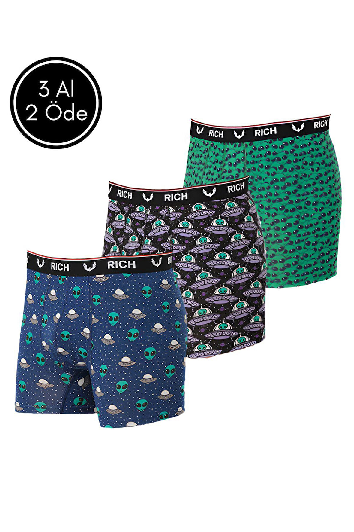 Erkek Likralı Desenli ve Düz 3'lü Boxer Paketi