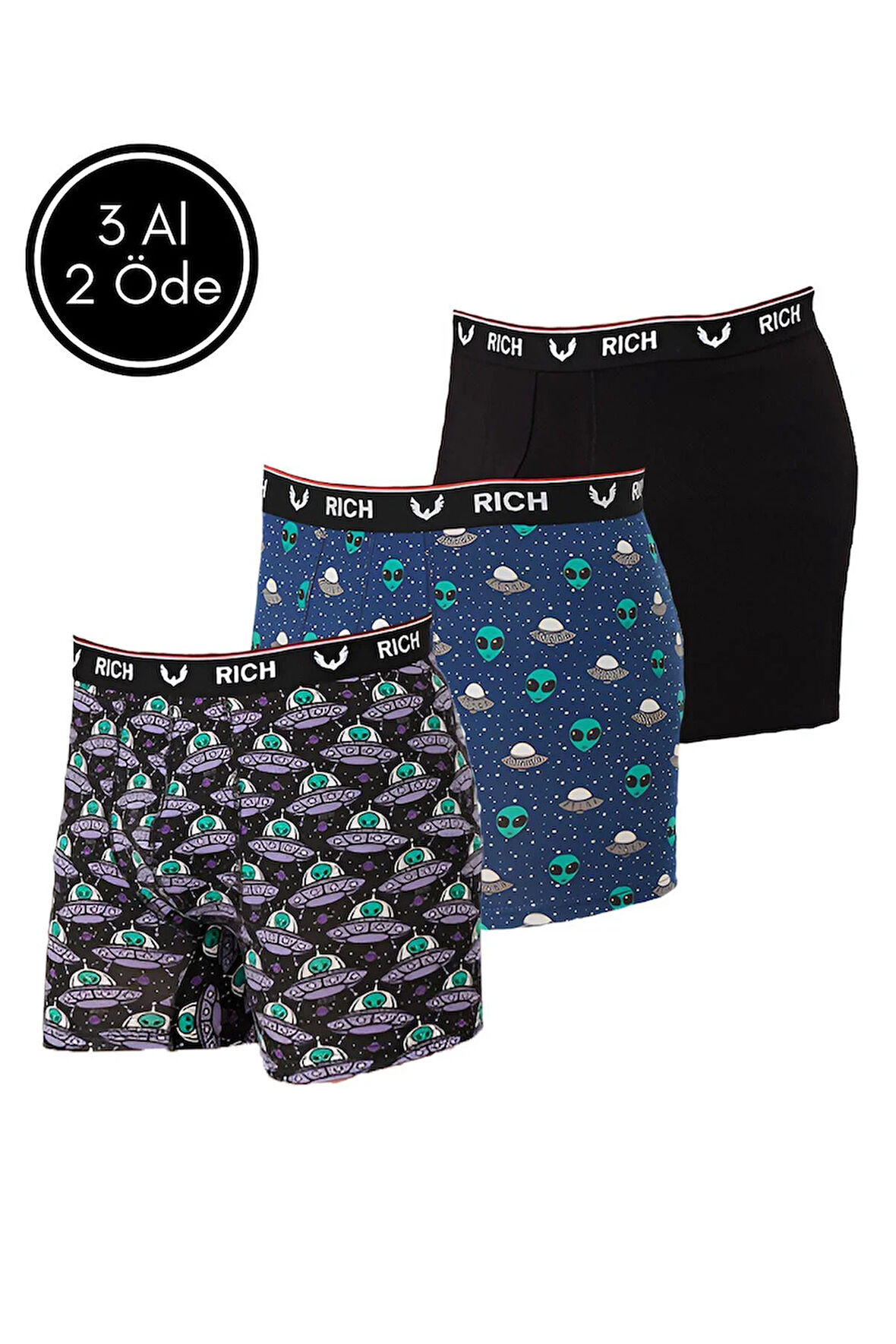 Erkek Likralı Desenli ve Düz 3'lü Boxer Paketi