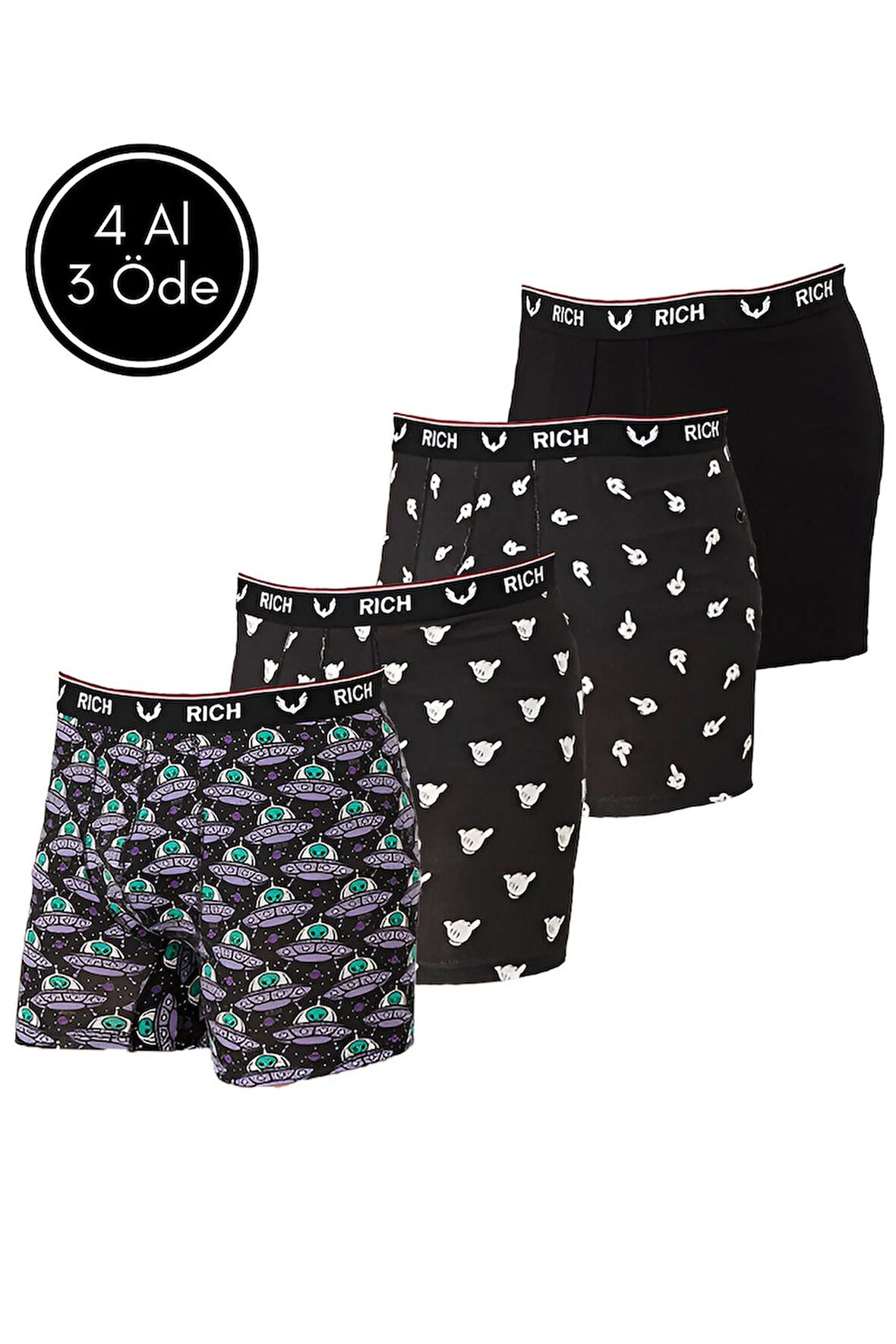 Erkek Likralı Desenli ve Düz 4'lü Boxer Paketi