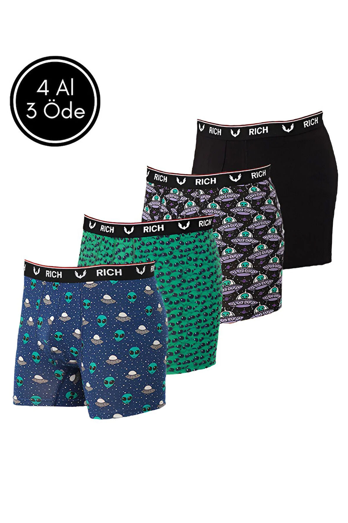 Erkek Likralı Desenli ve Düz 4'lü Boxer Paketi