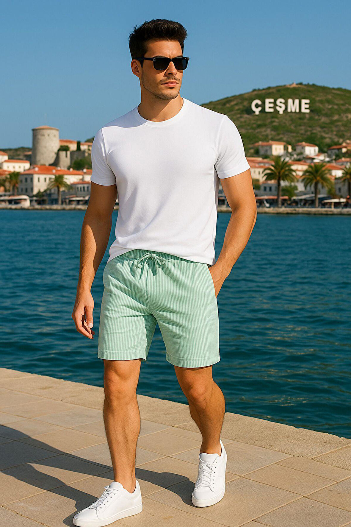 Erkek Şort Beyaz Çizgili Jakarlı Şort