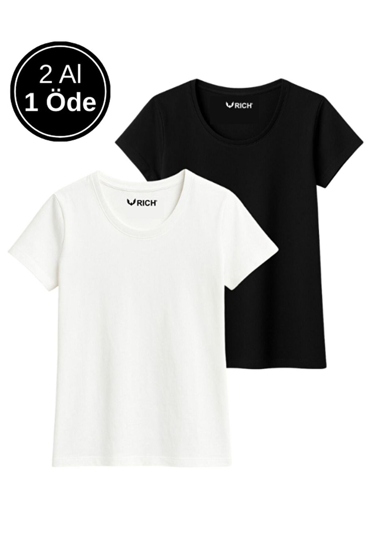 Kadın %100 Pamuk 2'li Paket Kısa Kollu Yuvarlak Yaka Tişört