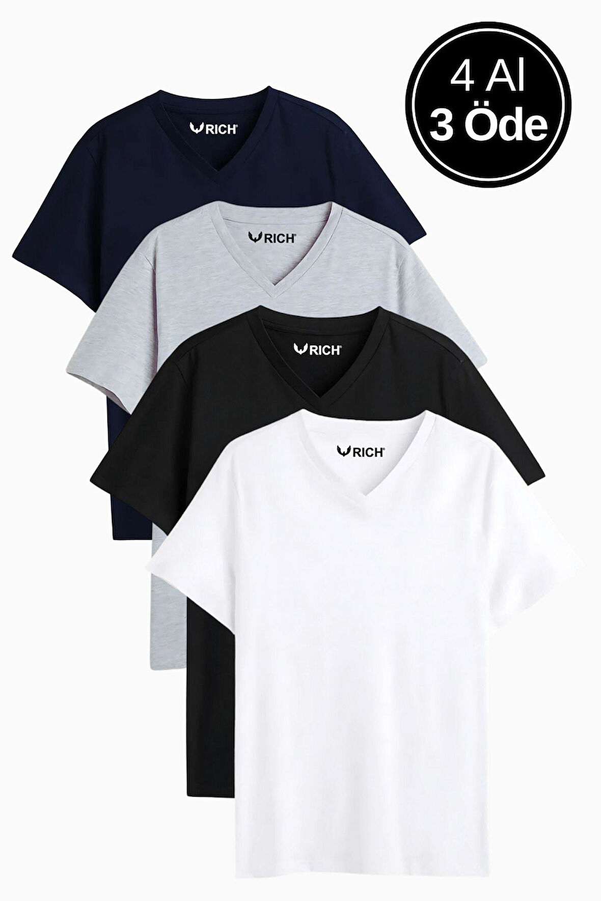 Erkek Siyah Beyaz Lacivert Gri %100 Pamuk 4'Lü Tişört Paketi