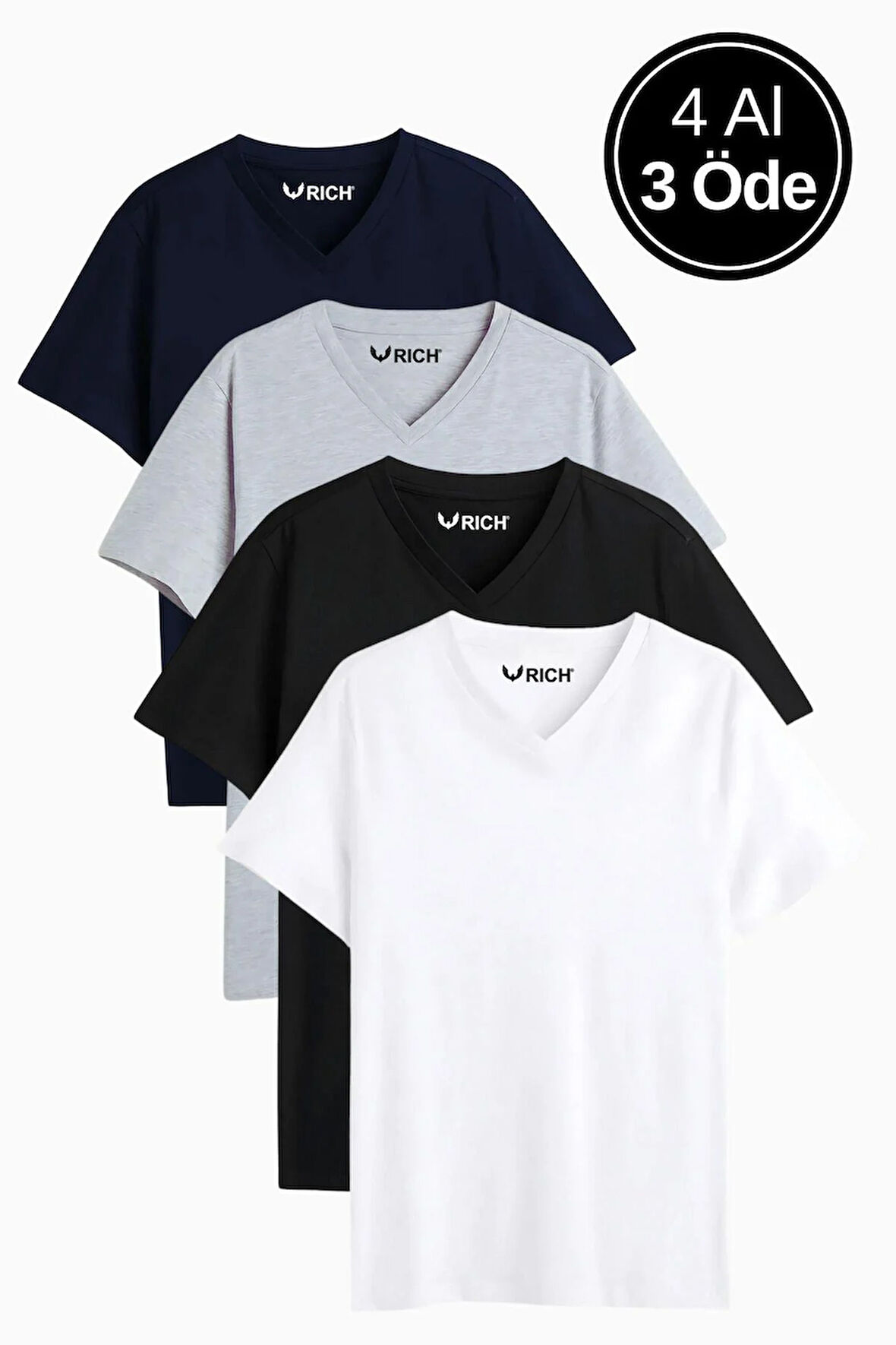 Erkek Siyah Beyaz Lacivert Gri %100 Pamuk 4'Lü Tişört Paketi