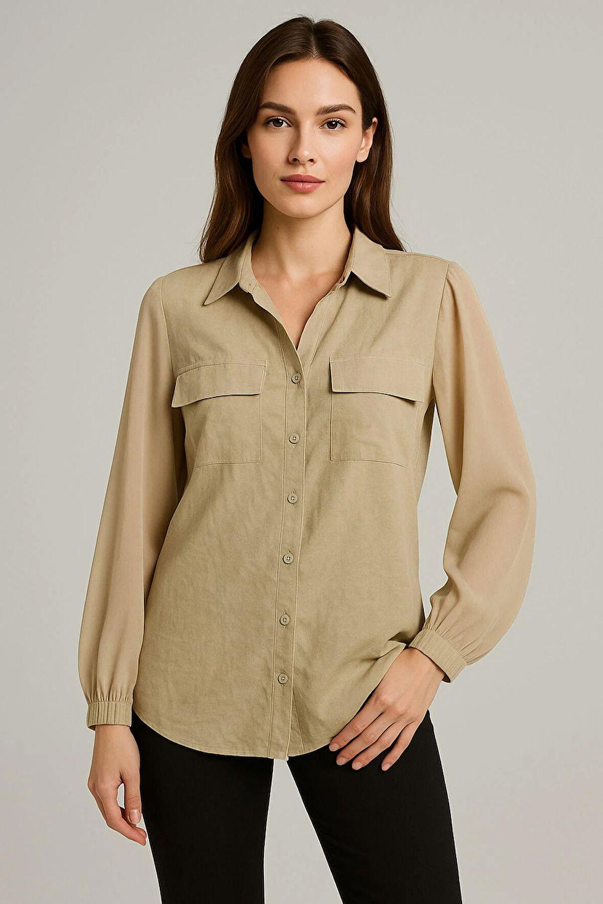 Kadın Bej Şifon Kol Gömlek - Düğmeli, Şık ve Zarif Tasarım | Günlük ve Ofis Kullanımına Uygun