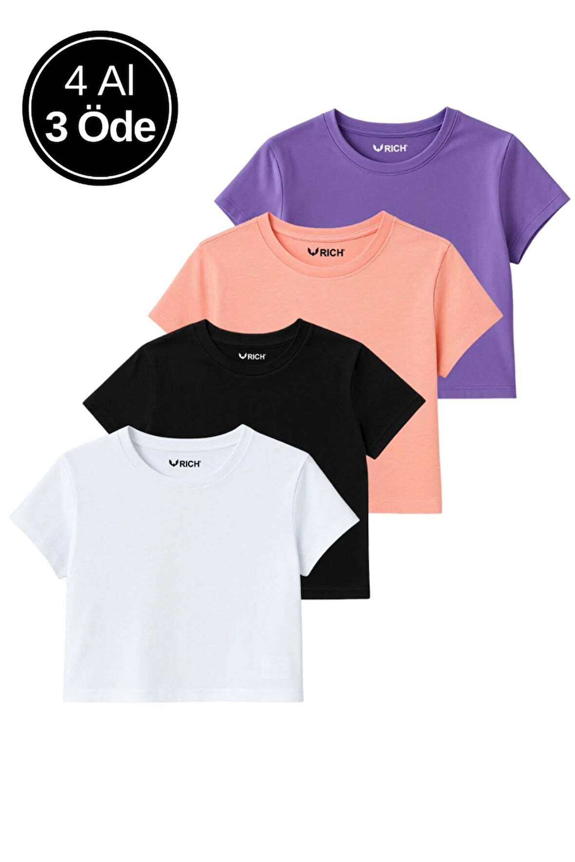 Kadın 4'lü Paket Oversize Crop Tişört %100 Pamuk Bisiklet Yaka T-Shirt