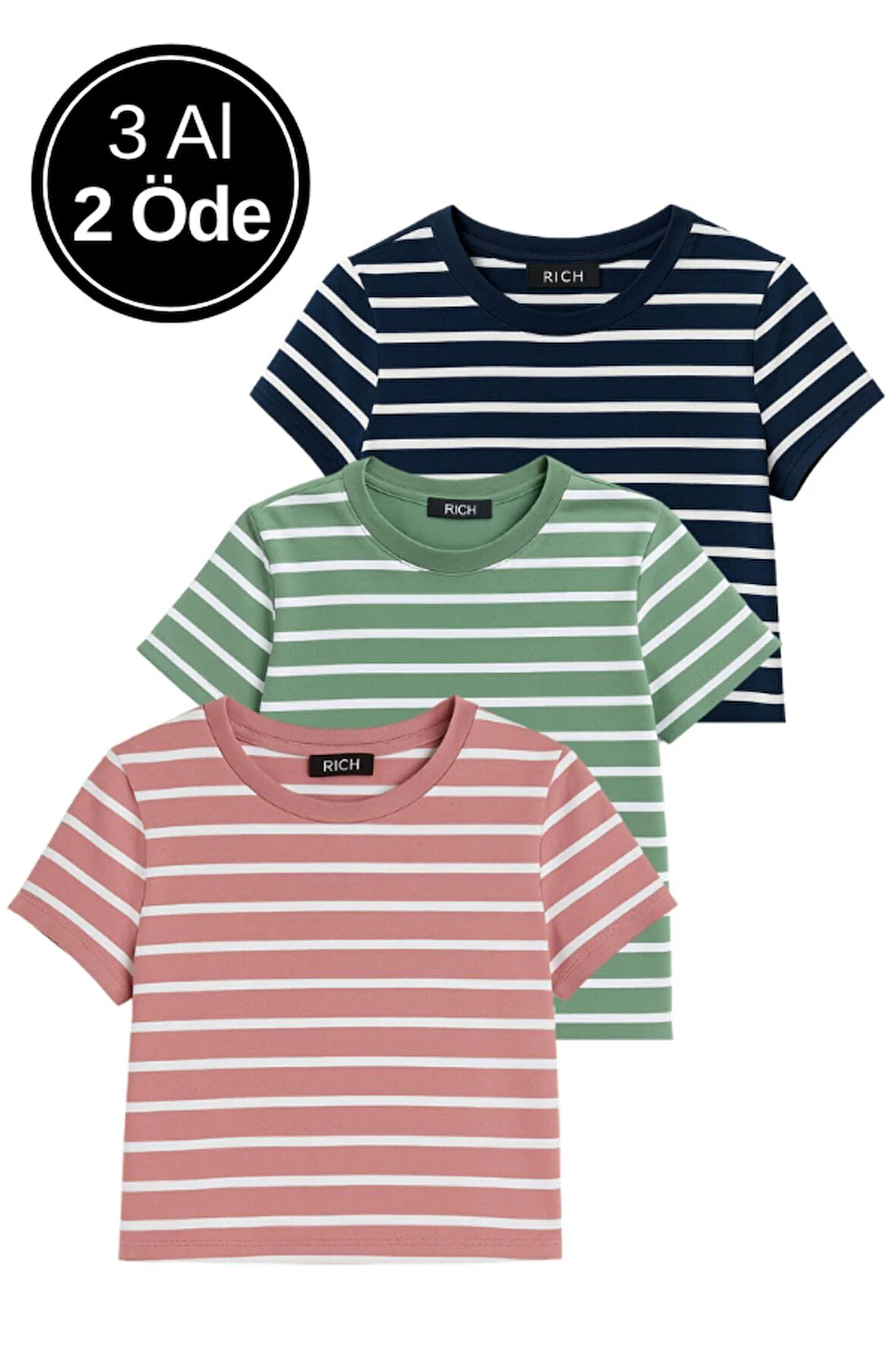 Kadın 3'lü Paket Yeşil-Pembe-Mavi Crop Tişört Pamuk Bisiklet Yaka T-Shirt