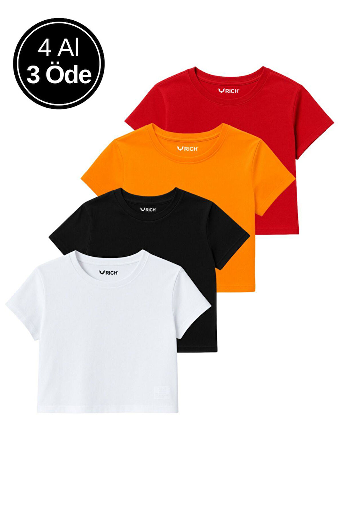 Kadın 4'lü Paket Oversize Crop Tişört %100 Pamuk Bisiklet Yaka T-Shirt