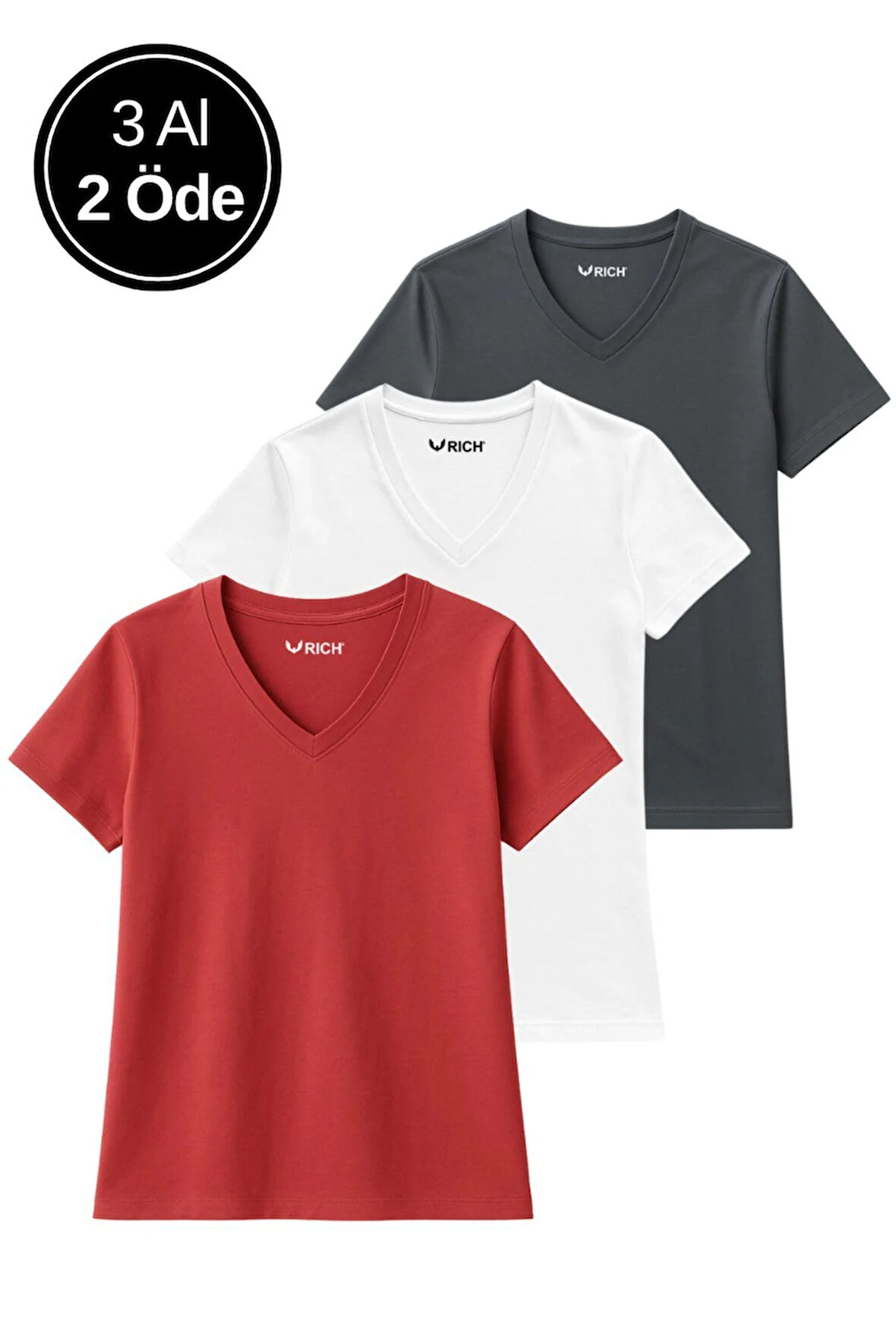 Kadın 3'lü Paket Antrasit-Beyaz-Kırmızı Oversize Tişört %100 Pamuk V Yaka T-Shirt