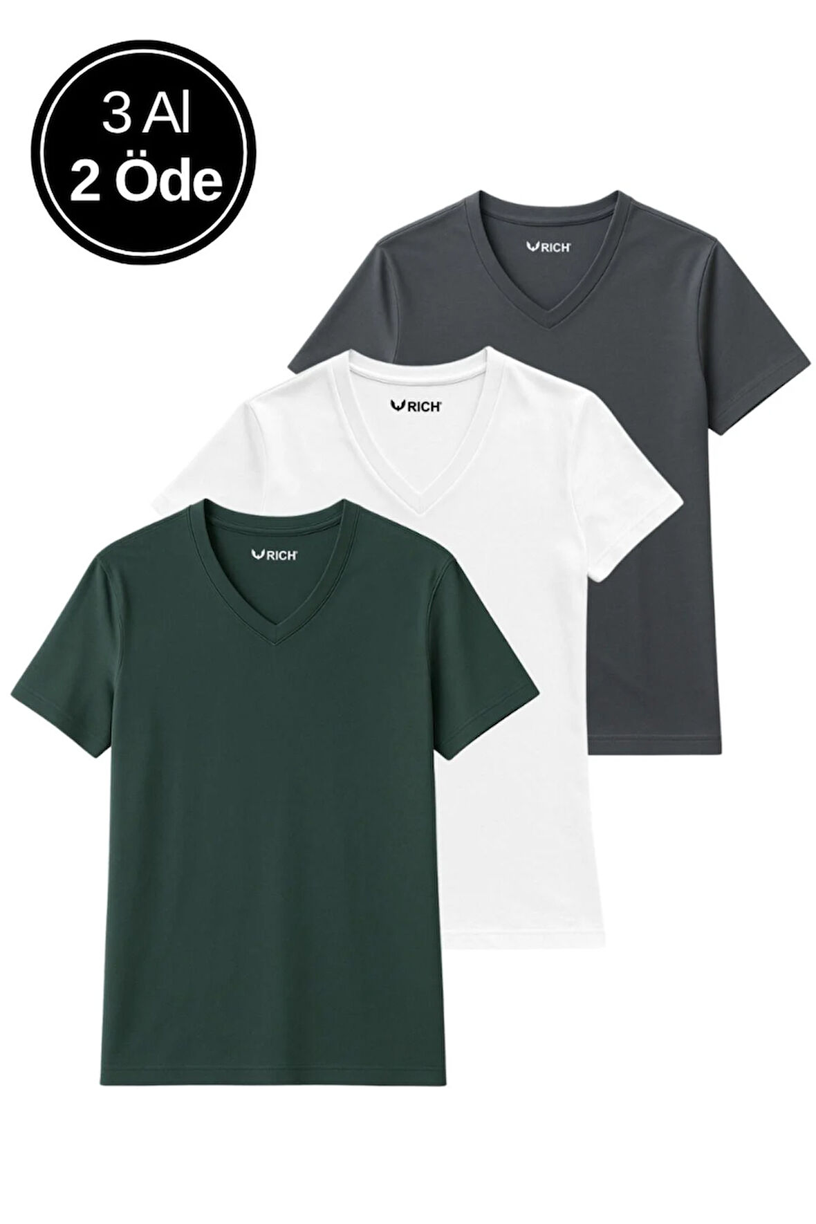 Kadın 3'lü Paket Antrasit-Beyaz-Haki Oversize Tişört %100 Pamuk V Yaka T-Shirt