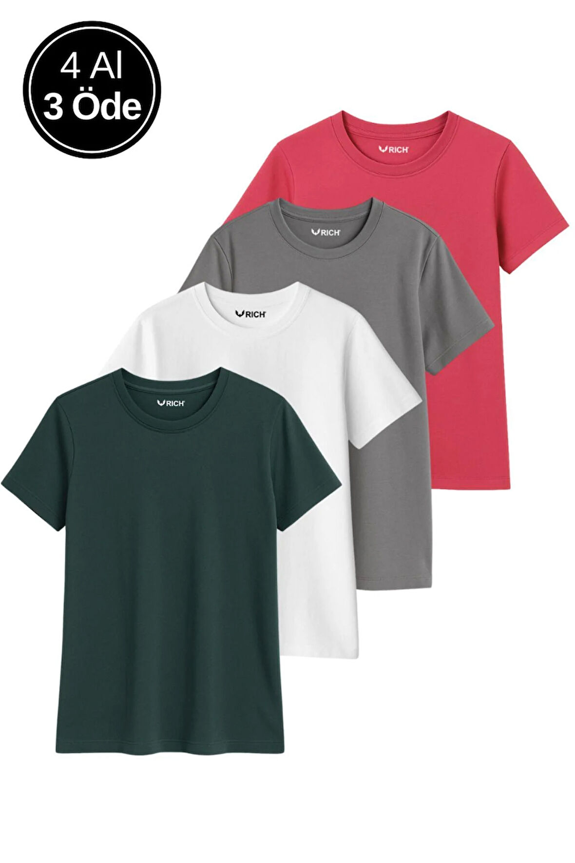 Kadın 4'lü Paket Antrasit-Beyaz-Gri-Pembe Oversize Tişört %100 Pamuk Bisiklet Yaka T-Shirt