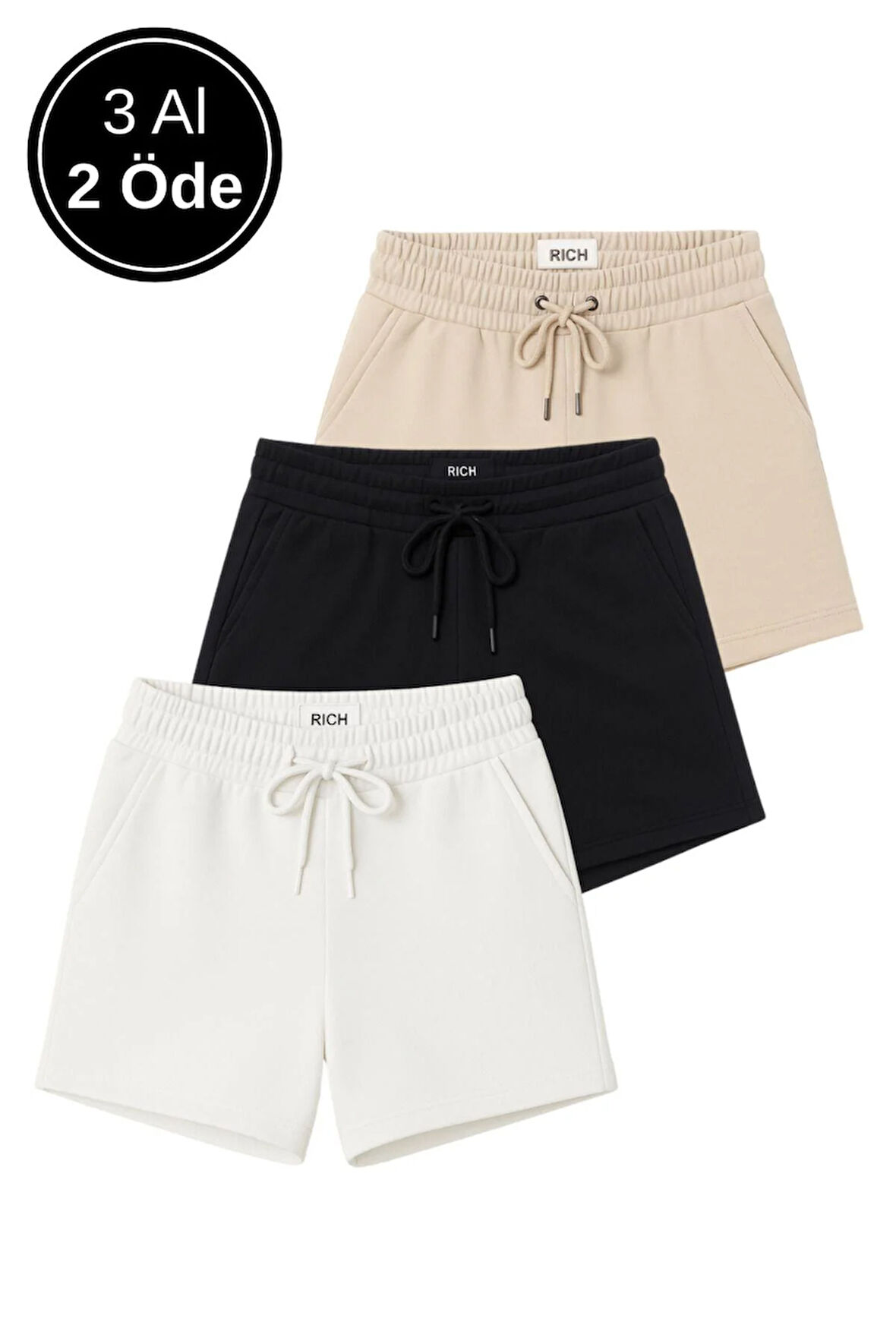 Kadın 3'lü Paket Bej-Siyah-Beyaz Rahat Kesim Yumuşak Kumaş Beli Lastikli Yazlık Cepli Mini Şort