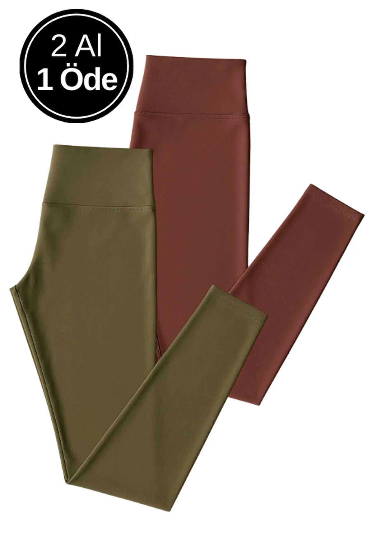 Kadın 2'li Paket Uzun Tayt Haki - Mor Yüksek Bel Toparlayıcı Esnek Günlük Ve Spor Uzun Tayt