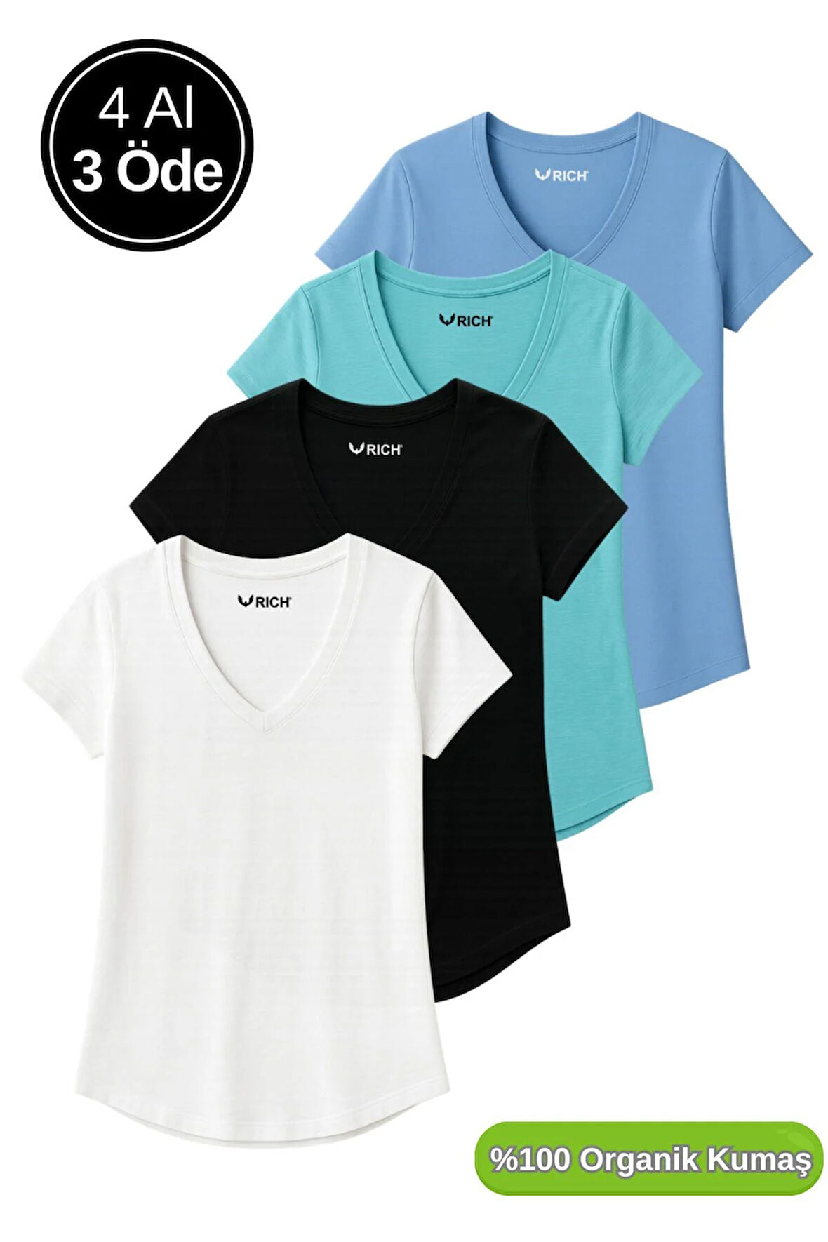 Kadın 4'lü Paket Siyah-Beyaz-Turkuvaz-Mavi %100 Organik Pamuk Tişört V Yaka T-Shirt