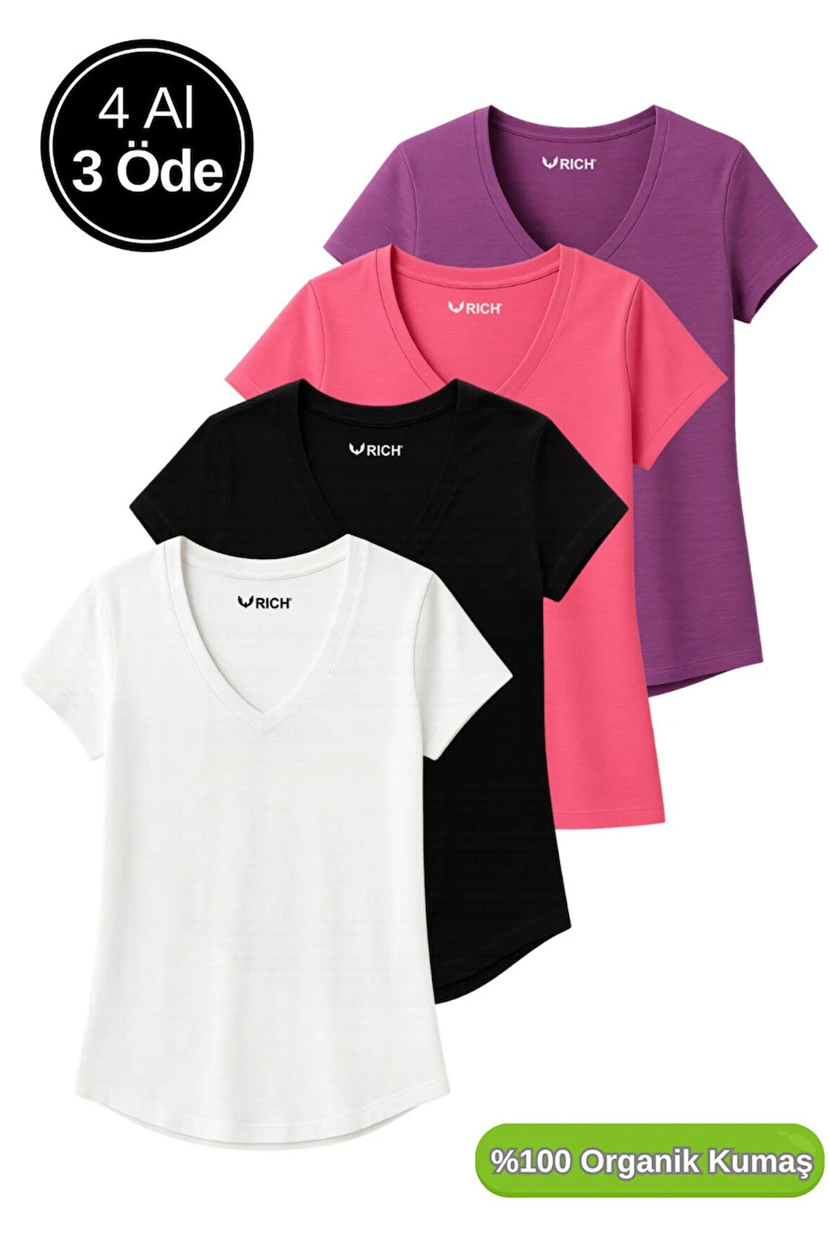 Kadın 4'lü Paket Siyah-Beyaz-Mor-Pembe %100 Organik Pamuk Tişört V Yaka T-Shirt