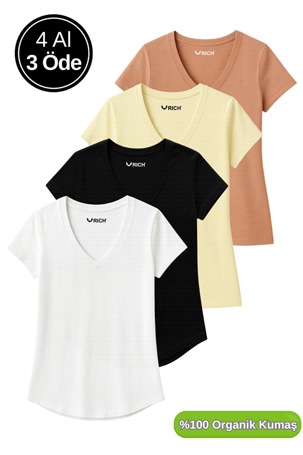 Kadın 4'lü Paket Siyah-Beyaz-Sarı-Kahverengi %100 Organik Pamuk Tişört V Yaka T-Shirt