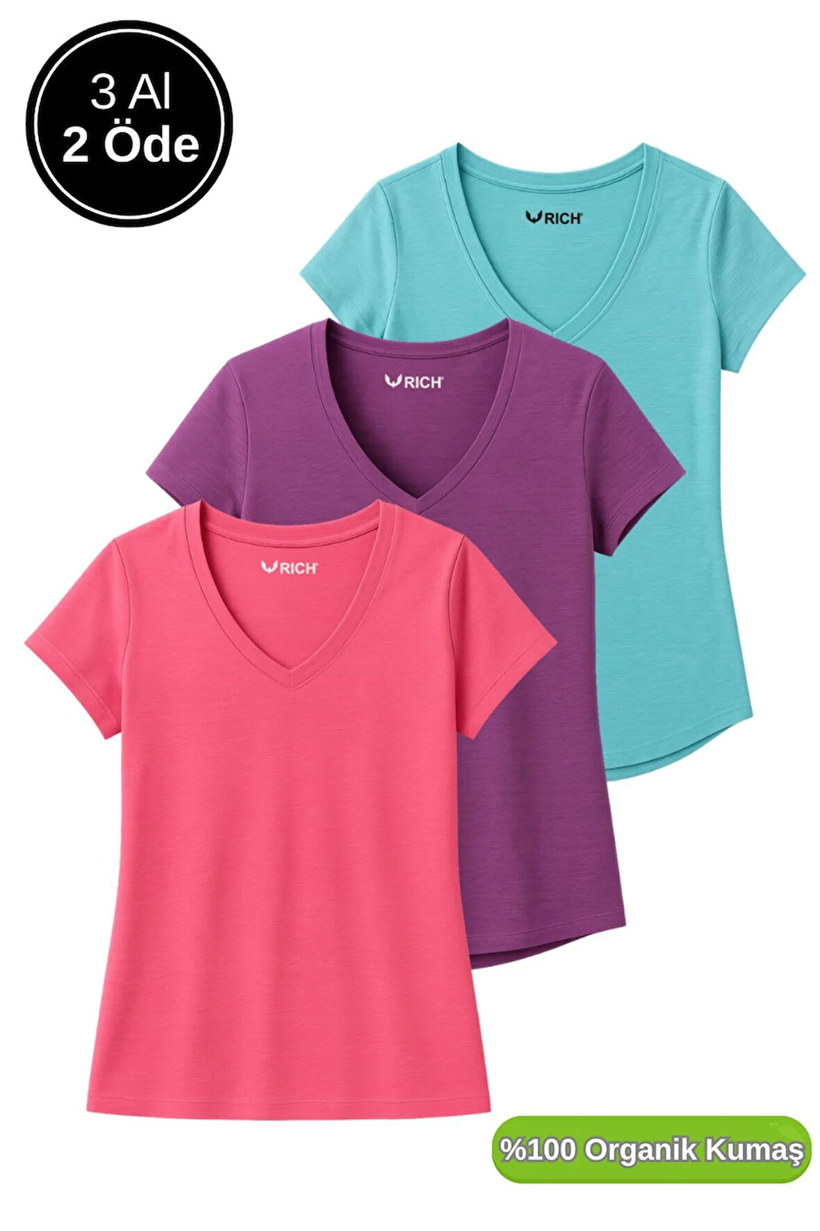 Kadın 3'lü Paket Turkuvaz-Mor-Pembe %100 Organik Pamuk Normal Kesim Tişört V Yaka T-Shirt