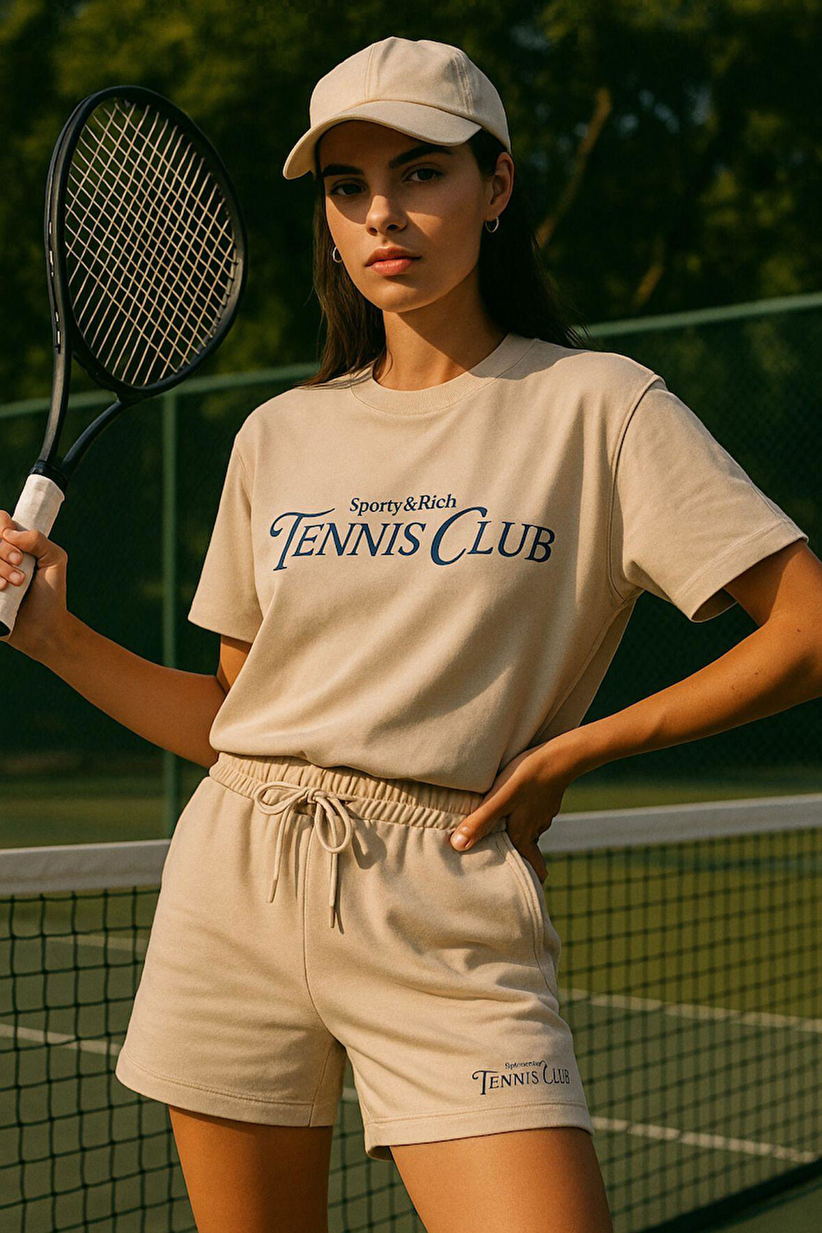 Kadın Sporty Kısa Kollu Bisiklet Yaka Oversize T-shirt ve Şortlu Alt Üst Takım Tenis İkili Takım