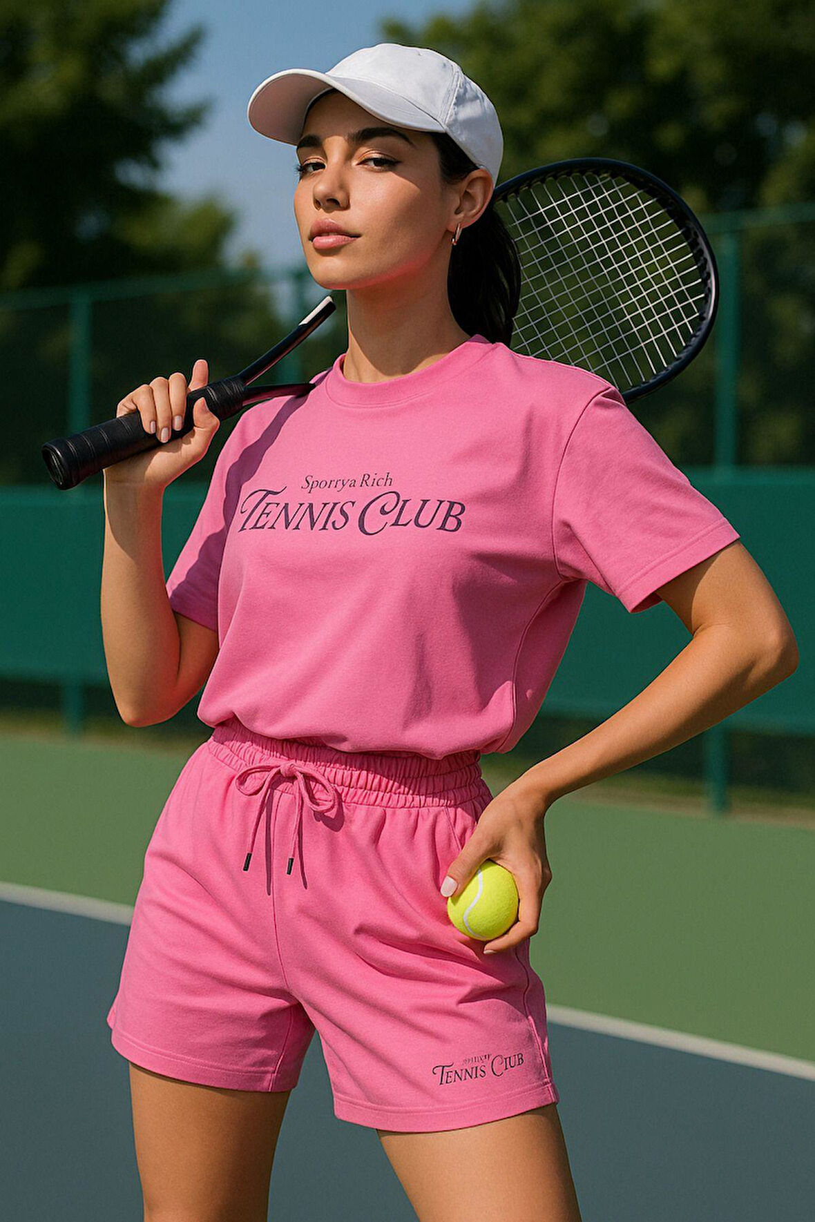 Kadın Sporty Kısa Kollu Bisiklet Yaka Oversize T-shirt ve Şortlu Alt Üst Takım Tenis İkili Takım