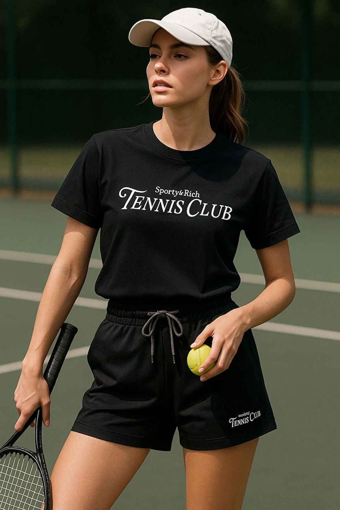 Kadın Sporty Kısa Kollu Bisiklet Yaka Oversize T-shirt ve Şortlu Alt Üst Takım Tenis İkili Takım