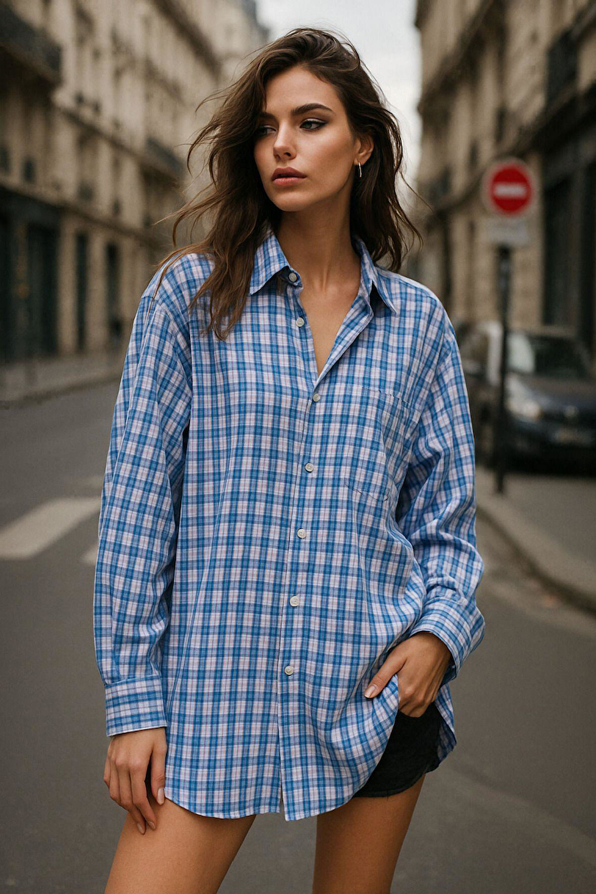 Kadın Mavi Beyaz Oversize Ekoseli Gömlek Over Fit Relaxed Gömlek