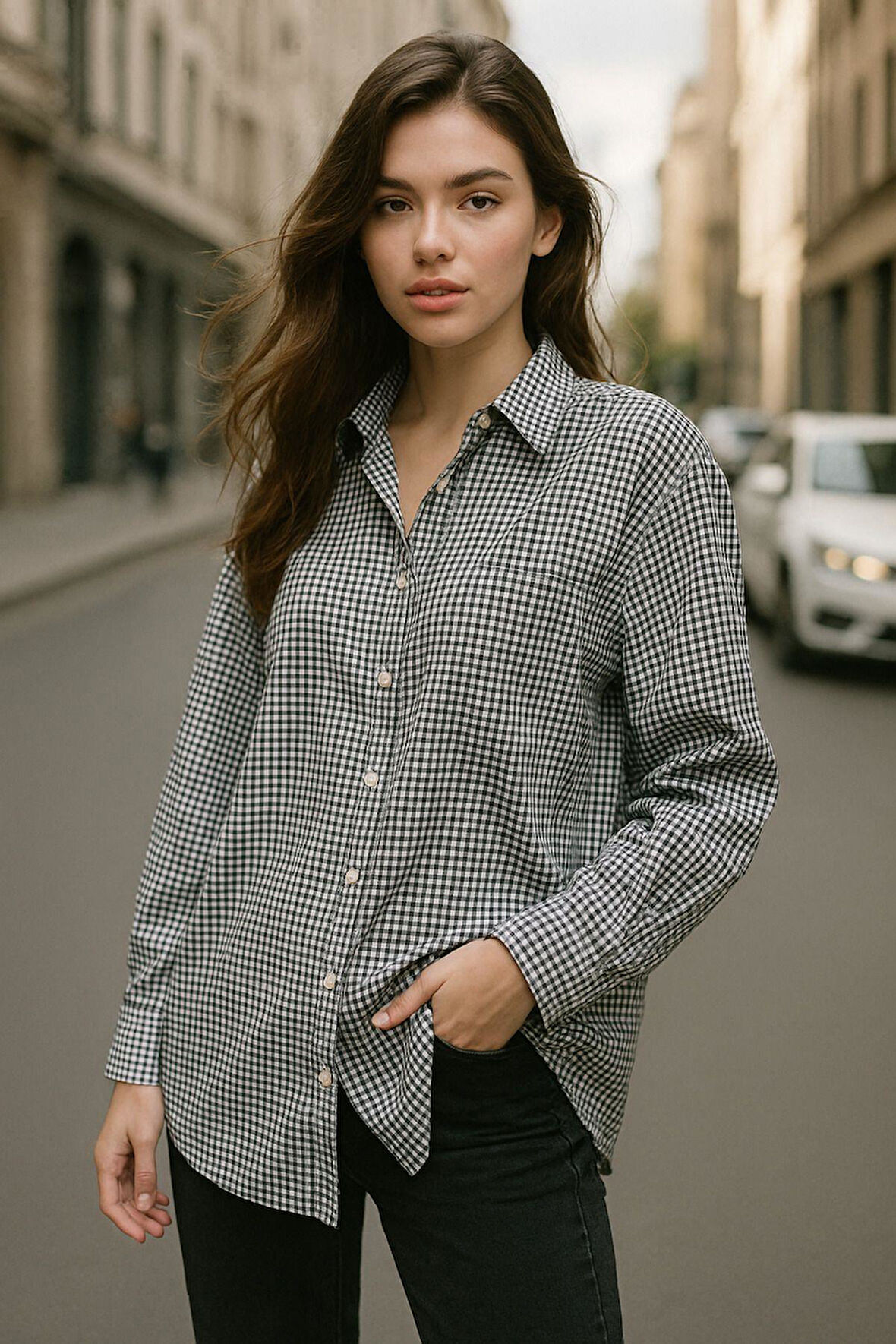 Kadın Siyah Beyaz Kareli Oversize Gömlek Relaxed Over Fit Ekoseli Gömlek