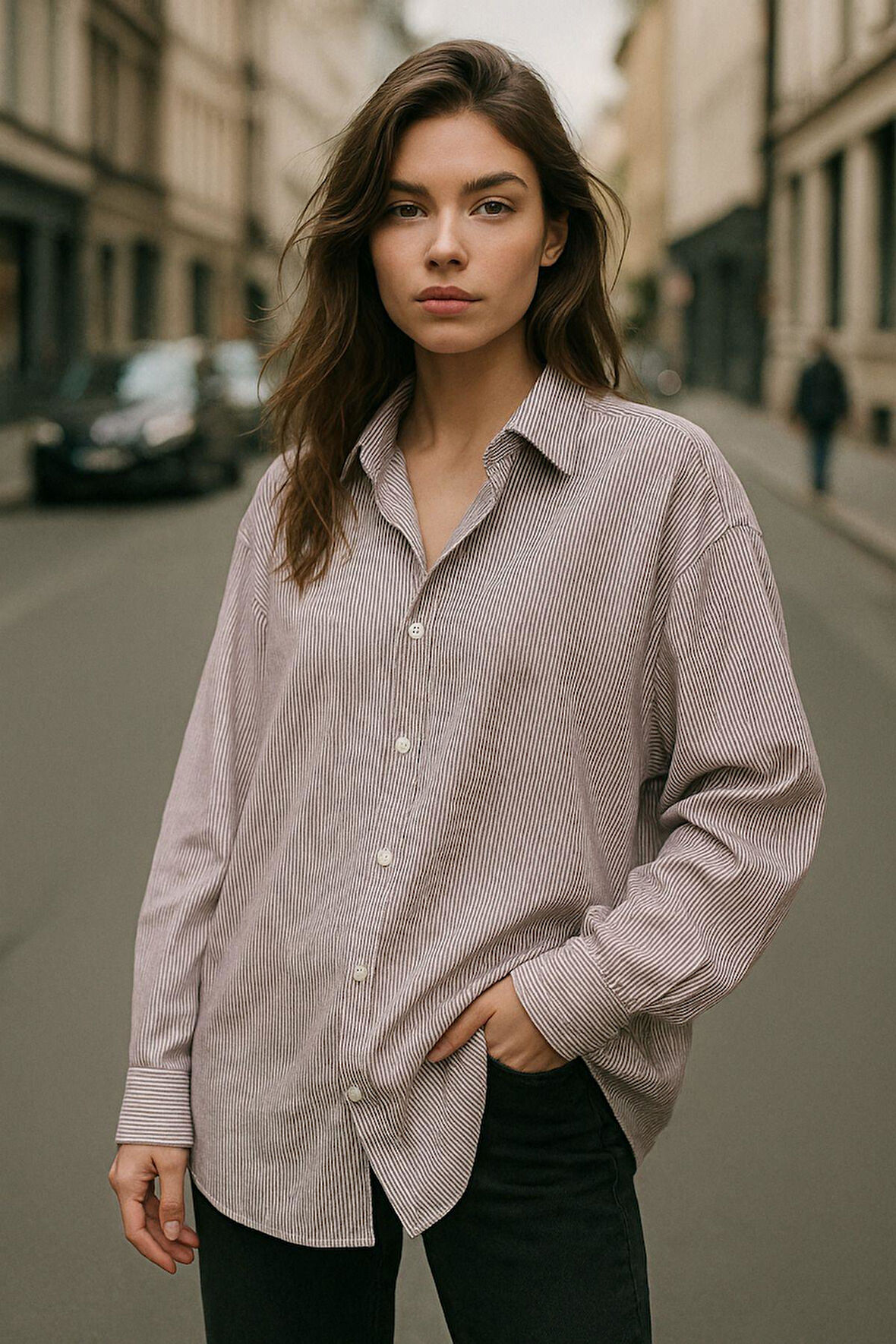 Kadın Bordo Çizgili Beyaz Oversize Gömlek Over Fit Relaxed Gömlek