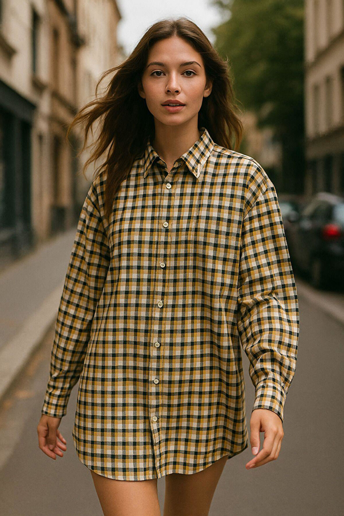 Kadın Sarı Oversize Ekoseli Gömlek Over Fit Relaxed Kareli Gömlek