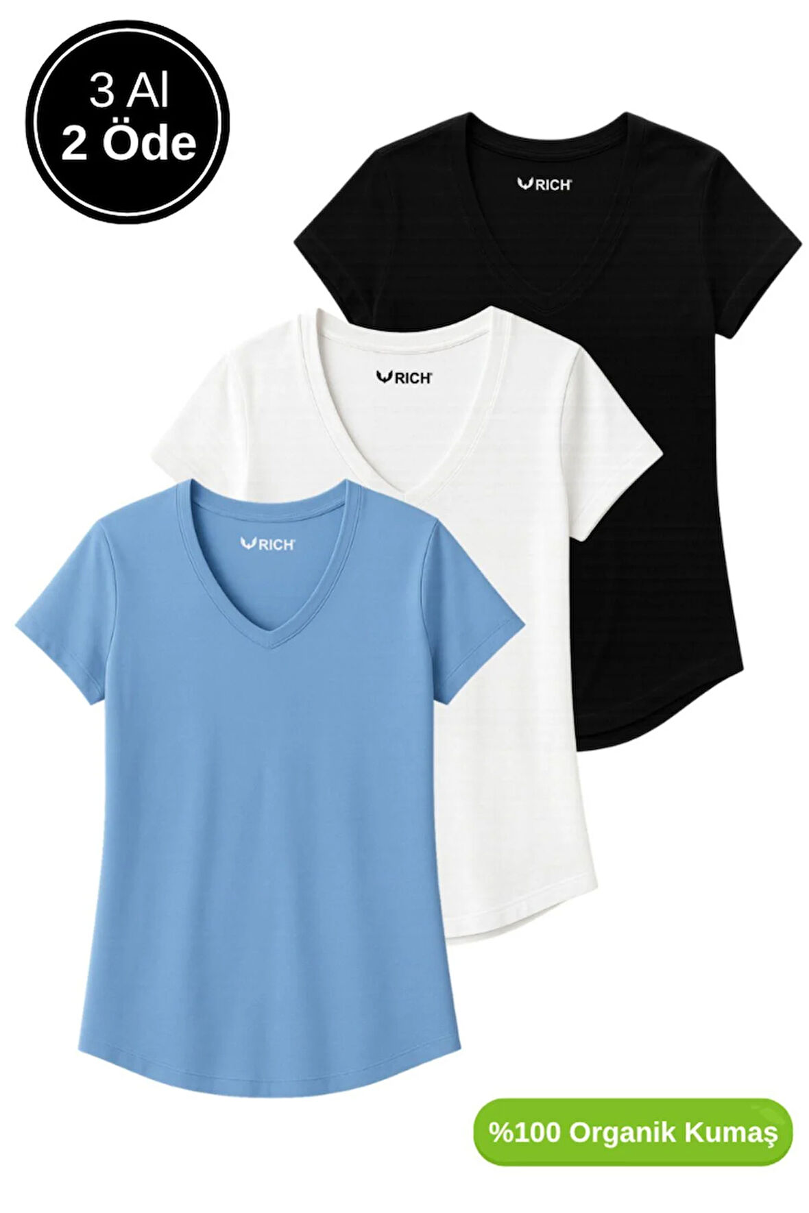 Kadın 3'lü Paket Siyah-Beyaz-Mavi %100 Organik Pamuk Normal Kesim Tişört V Yaka T-Shirt