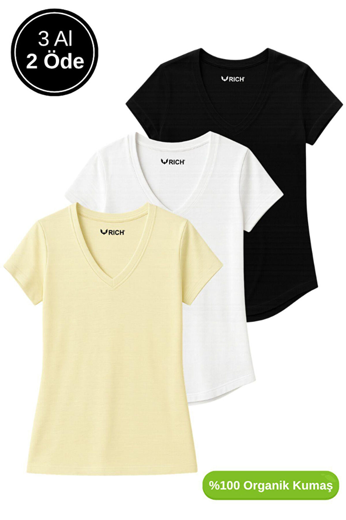 Kadın 3'lü Paket Siyah-Sarı-Beyaz %100 Organik Pamuk Normal Kesim Tişört V Yaka T-Shirt