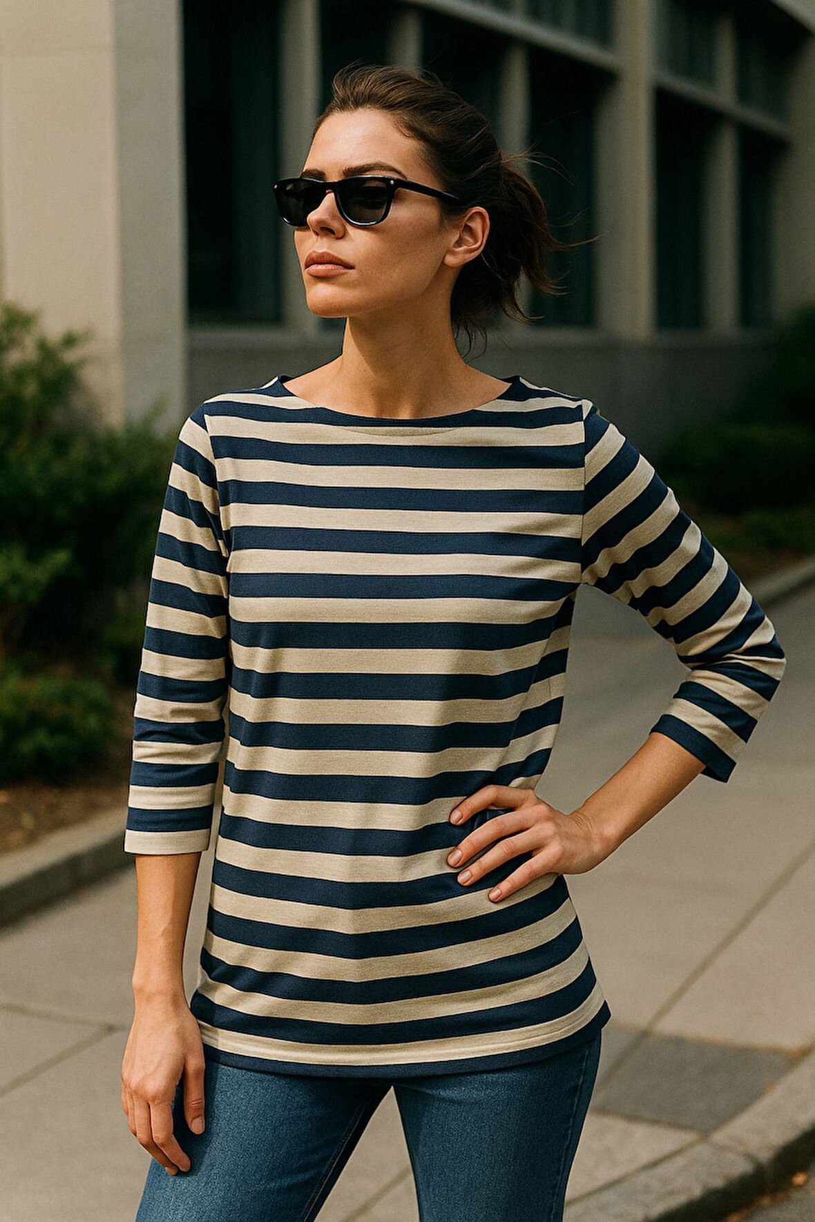 Kadın Çizgili Basic Bluz - Lacivert Bej 3/4 Kol - Günlük Rahat Şık Kombin - Yeni Sezon Trend
