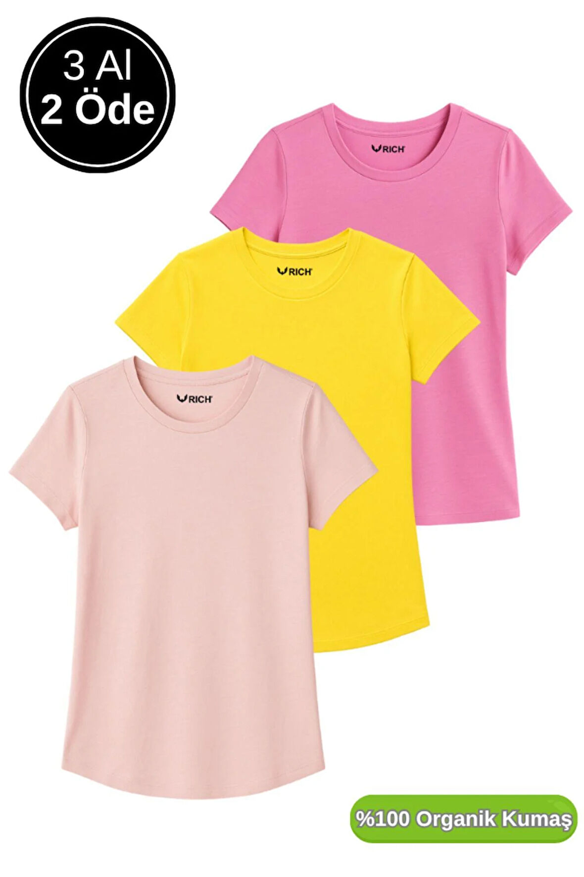 Kadın 3'lü Paket Pudra-Pembe-Sarı %100 Organik Pamuk Normal Kesim Tişört Bisiklet Yaka T-Shirt