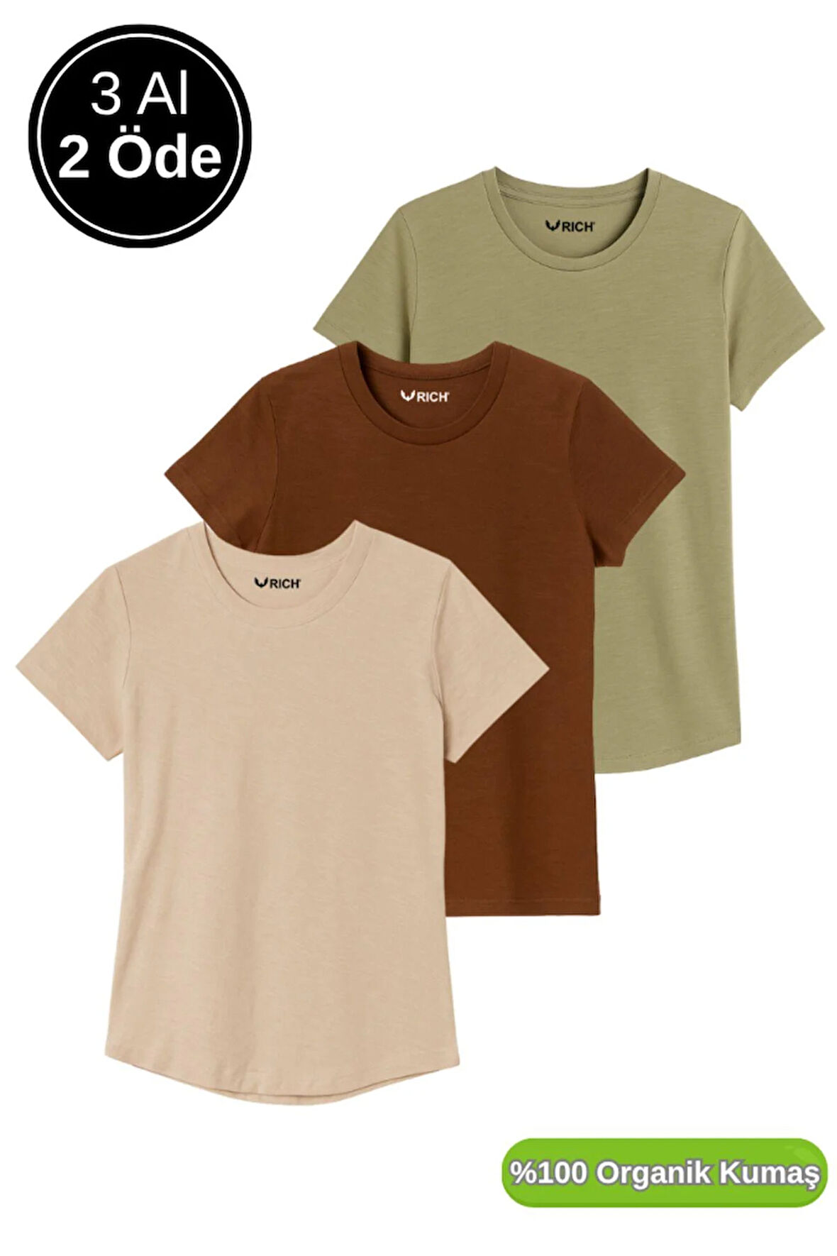 Kadın 3'lü Paket Kahverengi-Haki-Bej %100 Organik Pamuk Normal Kesim Tişört Bisiklet Yaka T-Shirt