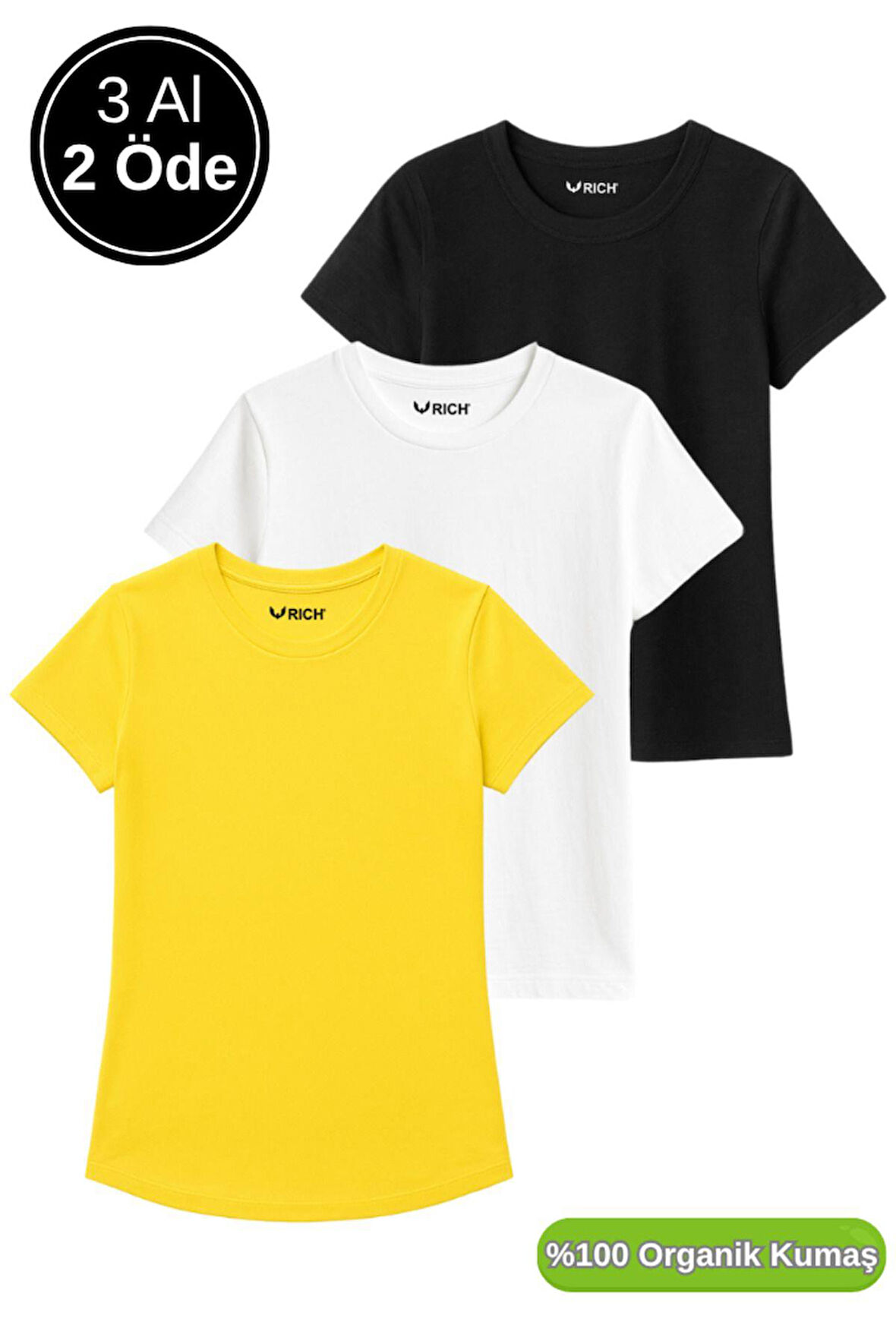 Kadın 3'lü Paket Siyah-Beyaz-Sarı %100 Organik Pamuk Normal Kesim Tişört Bisiklet Yaka T-Shirt