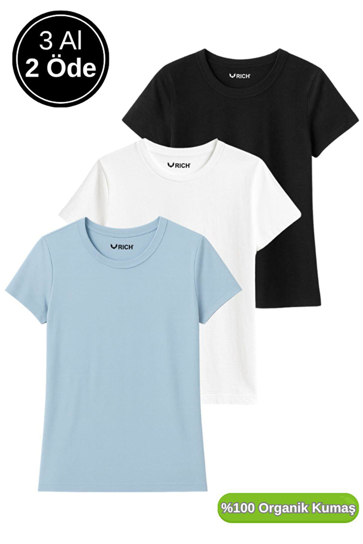 Kadın 3'lü Paket Siyah-Beyaz-Mavi %100 Organik Pamuk Normal Kesim Tişört Bisiklet Yaka T-Shirt