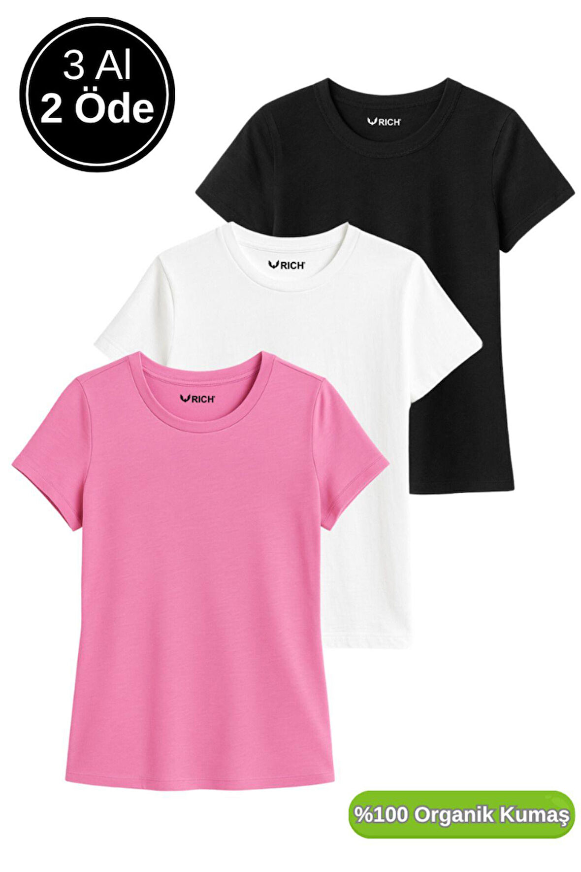 Kadın 3'lü Paket Siyah-Beyaz-Pembe %100 Organik Pamuk Normal Kesim Tişört Bisiklet Yaka T-Shirt