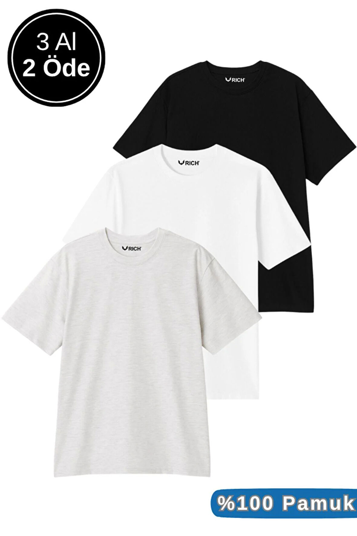 Erkek 3'lü Paket Siyah-Beyaz-Gri Melanj Pamuklu Oversize Tişört Bisiklet Yaka Kısa Kollu T-Shirt