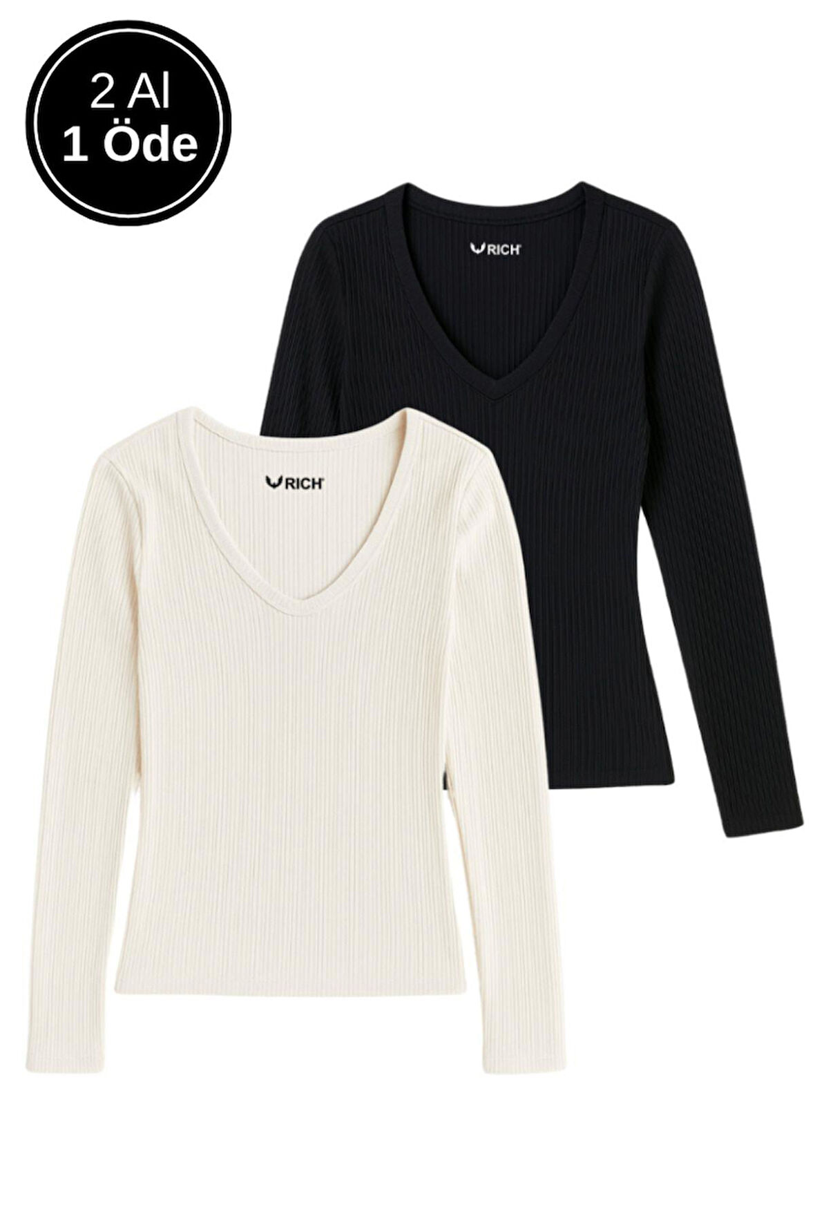 Kadın 2'li Siyah-Beyaz Basic Paket Pamuklu Nefes Alabilen Kumaş - Vücudu Saran Uzun Kollu Bluz