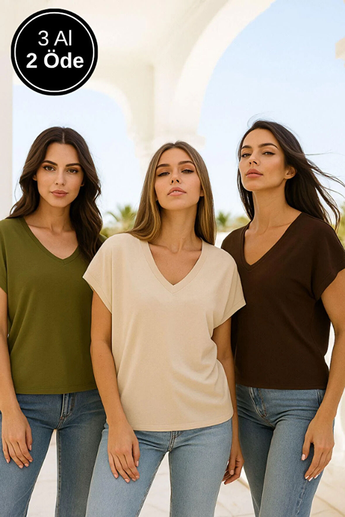 Kadın 3'lü Paket Kahverengi-Haki-Bej Viskon Ön Arka V Yakalı T-shirt Yarasa Kol Relaxed Bluz