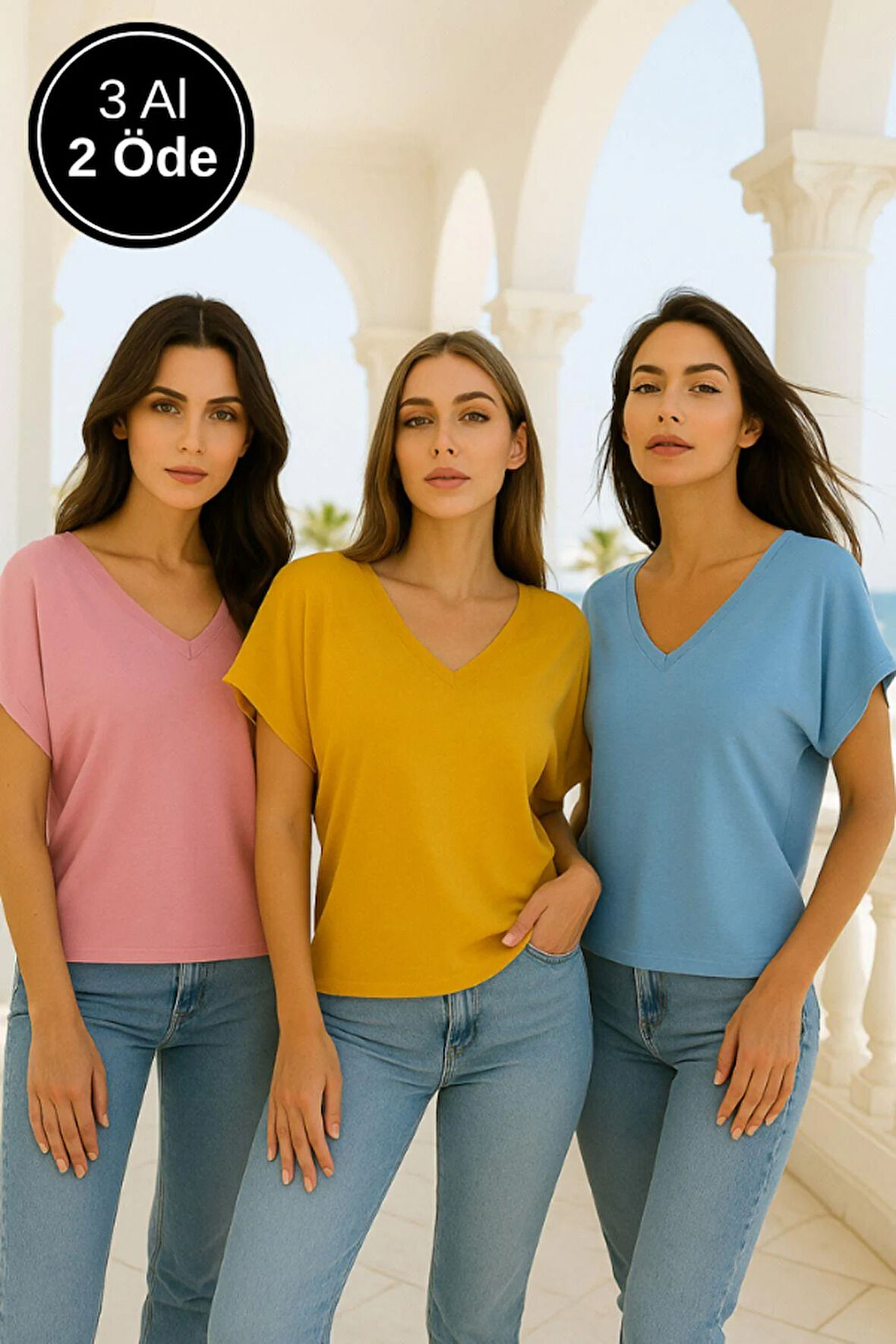 Kadın 3'lü Paket Pembe-Mavi-Hardal Viskon Ön Arka V Yakalı T-shirt Yarasa Kol Relaxed Bluz