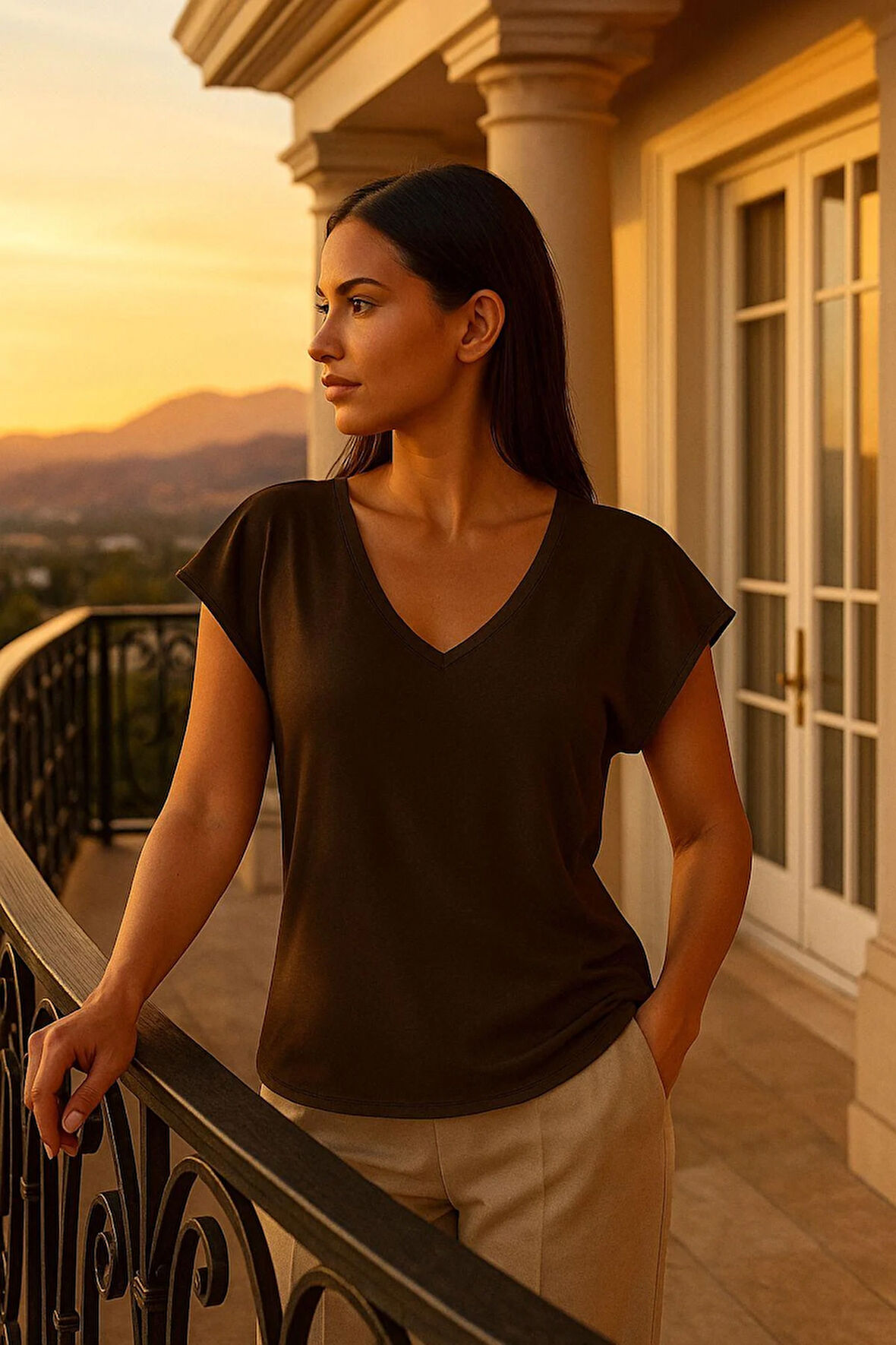 Kadın Kahverengi Viskon Ön Arka V Yakalı T-shirt Yarasa Kol Relaxed Bluz