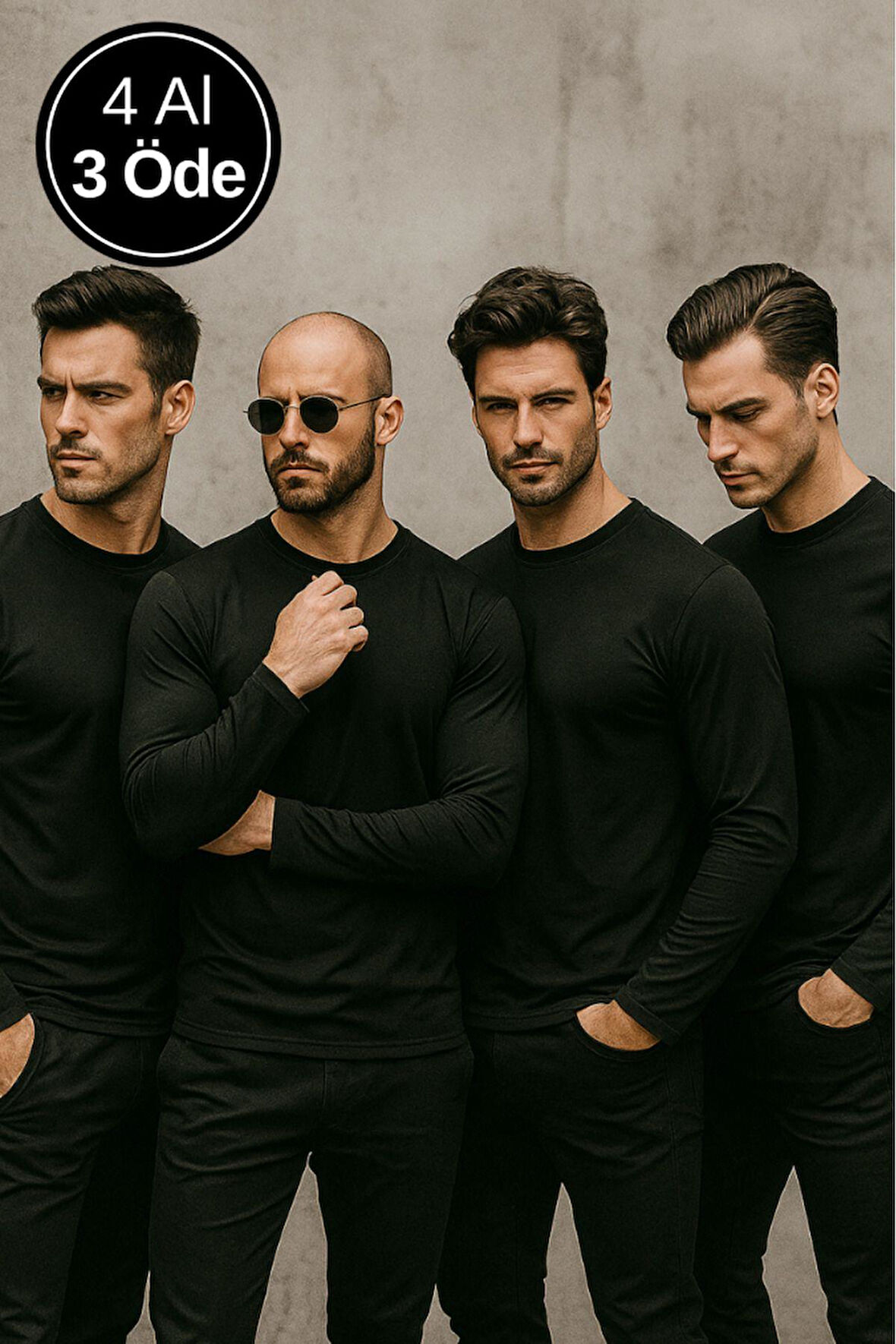 Erkek Siyah 4'lü Paket Basic Uzun Kollu Tişört Sporcu Body T-shirt