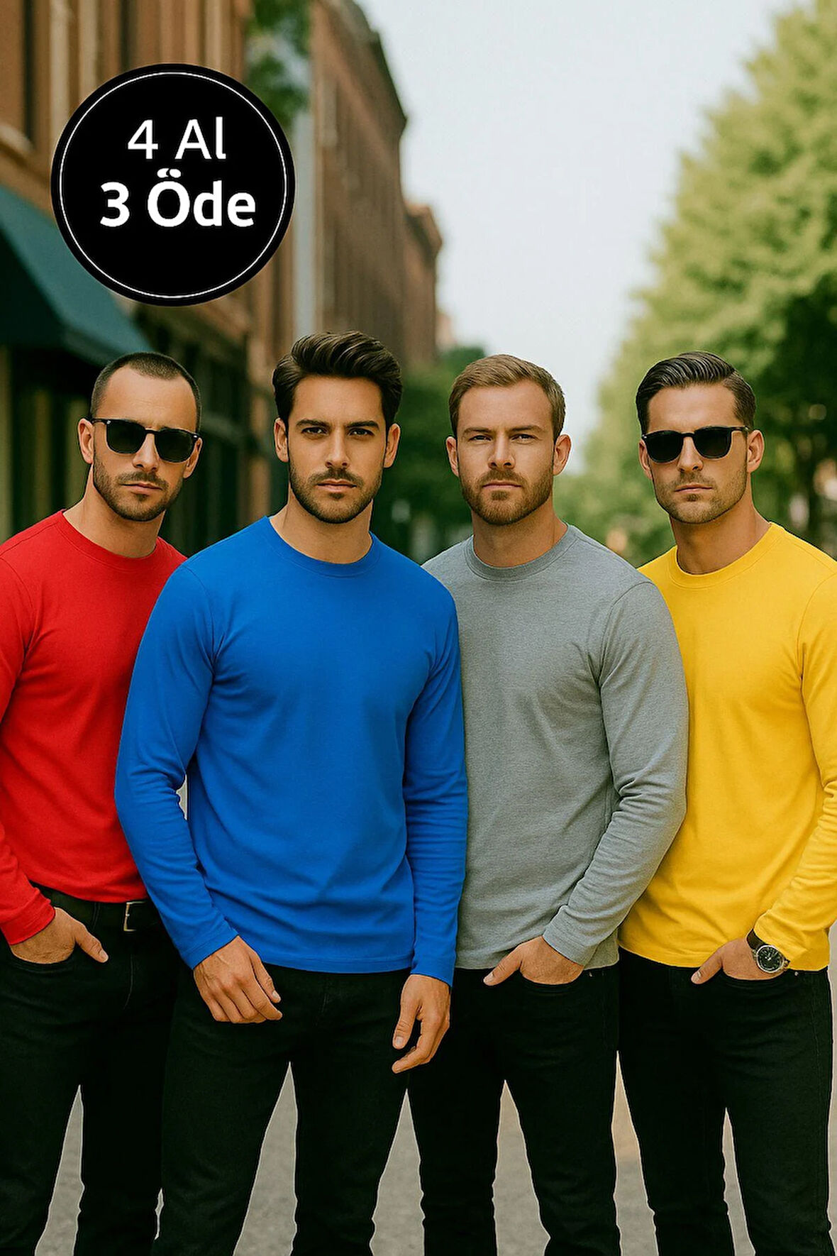 Erkek Sarı-Mavi-Kırmızı-Gri Melanj 4'lü Paket Basic Uzun Kollu Tişört Sporcu Body T-shirt