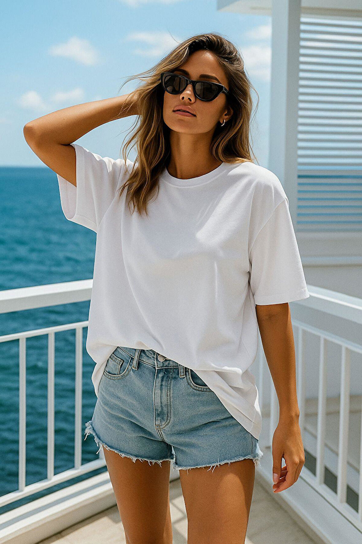 Kadın Beyaz %100 Pamuk Oversize Basic Tişört – Rahat Kalıp Relaxed Bisiklet Yaka T-Shirt